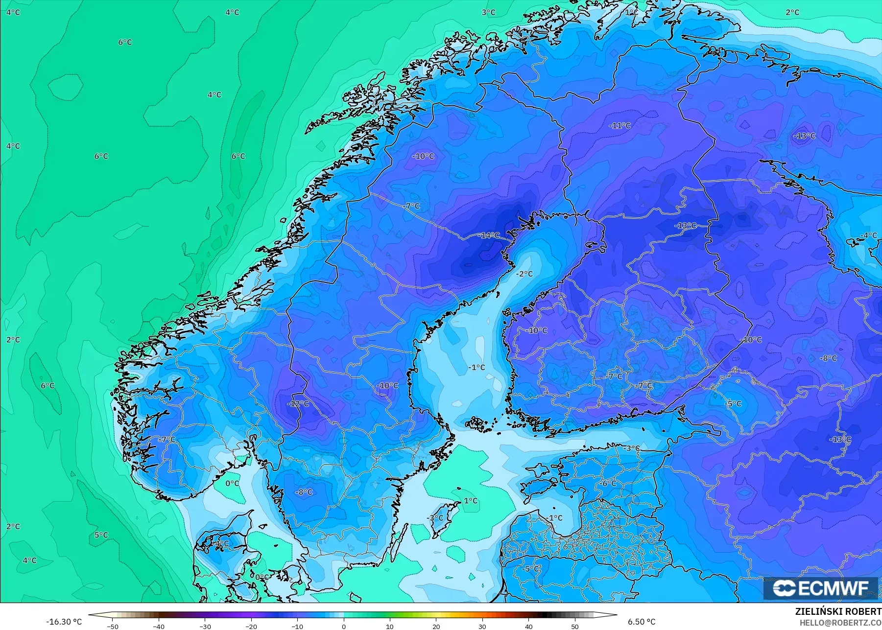 ECMWF IFS 0.25° modelo - Escandinavia, Punto de rocío a 2 m