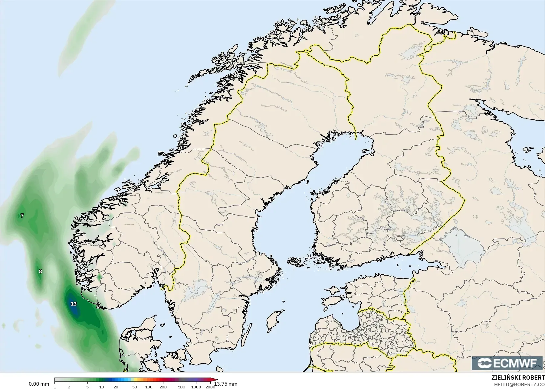 ECMWF IFS 0.25° modelo - Escandinavia, Acumulación de precipitación