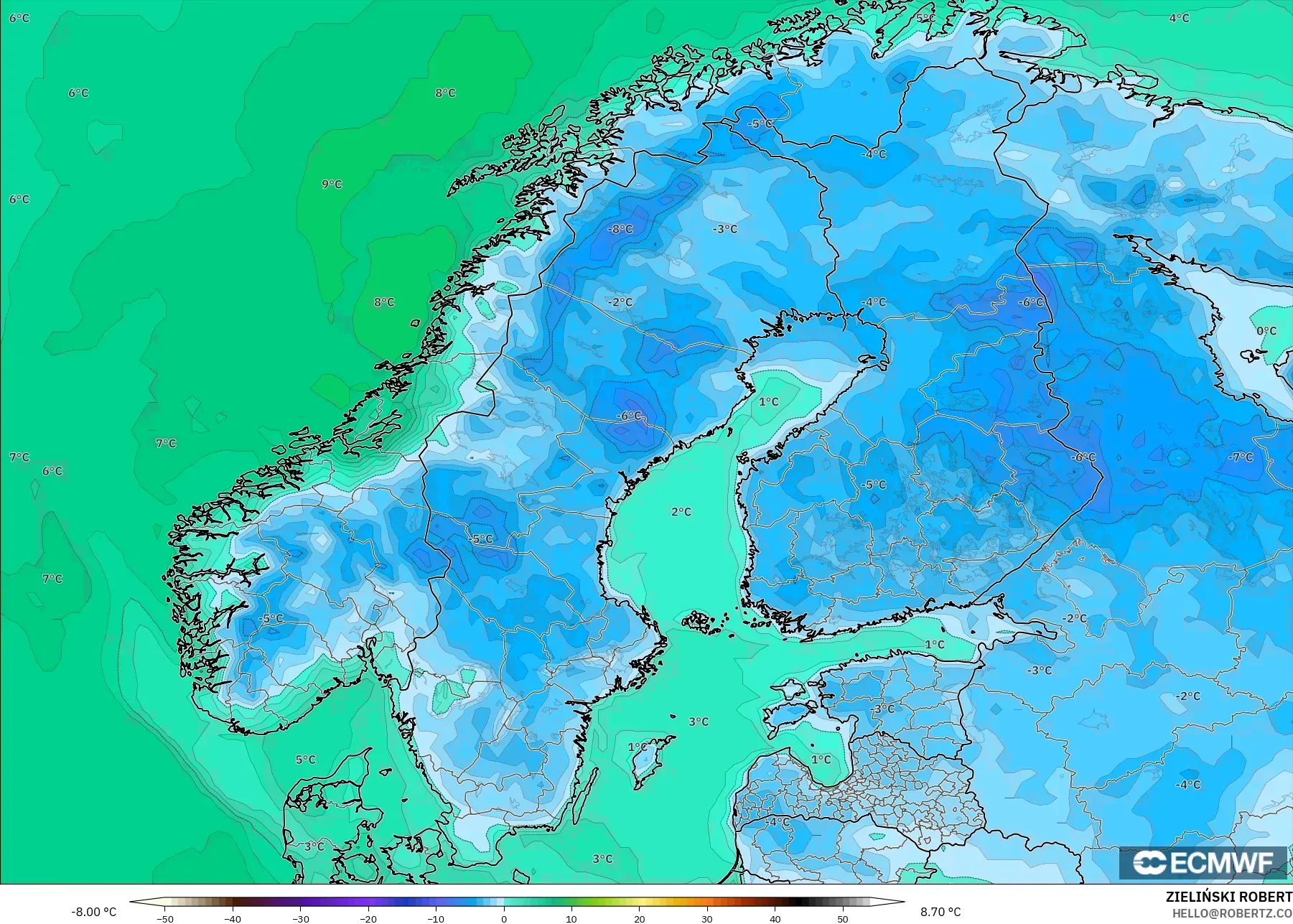 ECMWF IFS 0.25° modelo - Escandinavia, Temperatura a 2 m