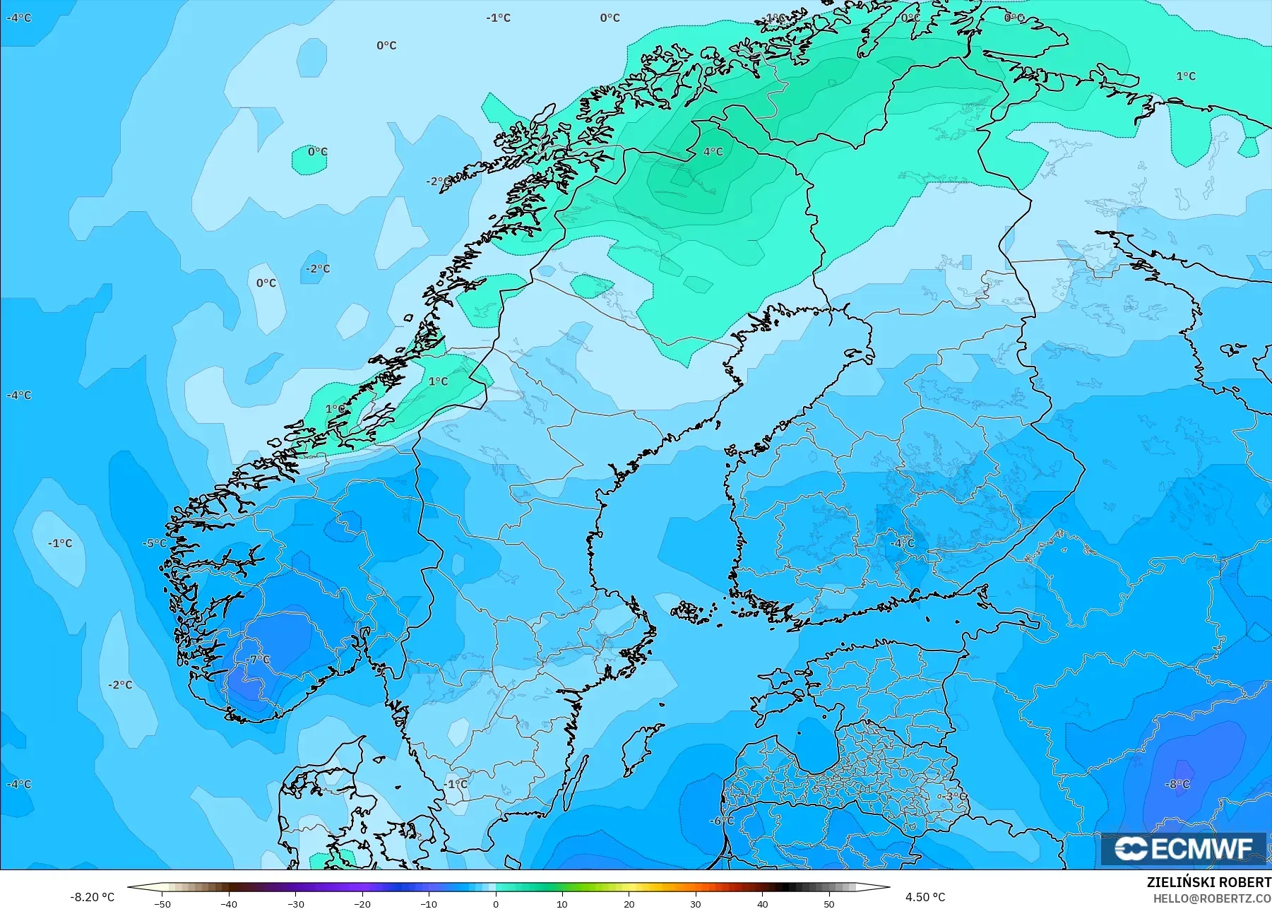 ECMWF IFS 0.25° modelo - Escandinavia, Temperatura a 850 hPa