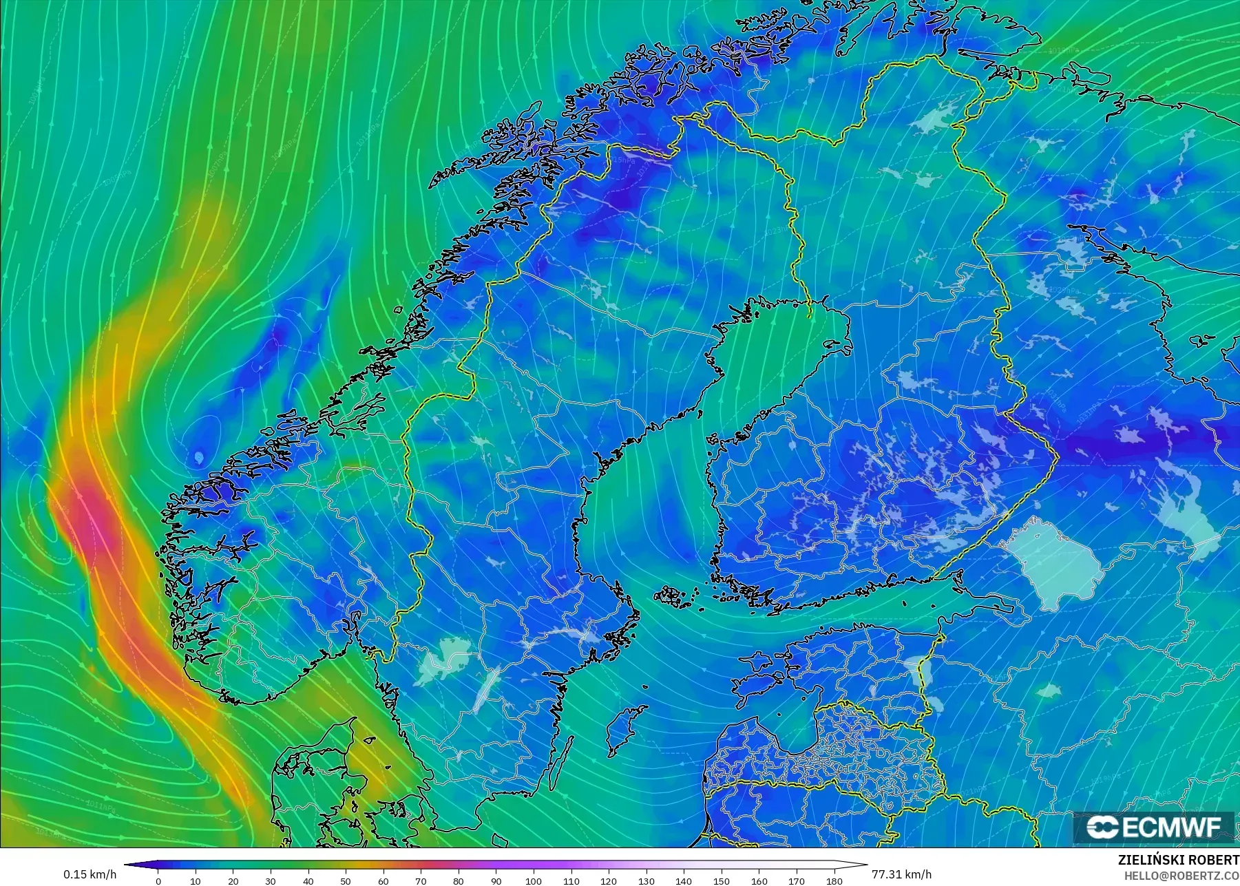 ECMWF IFS 0.25° modelo - Escandinavia, Viento a 10 m