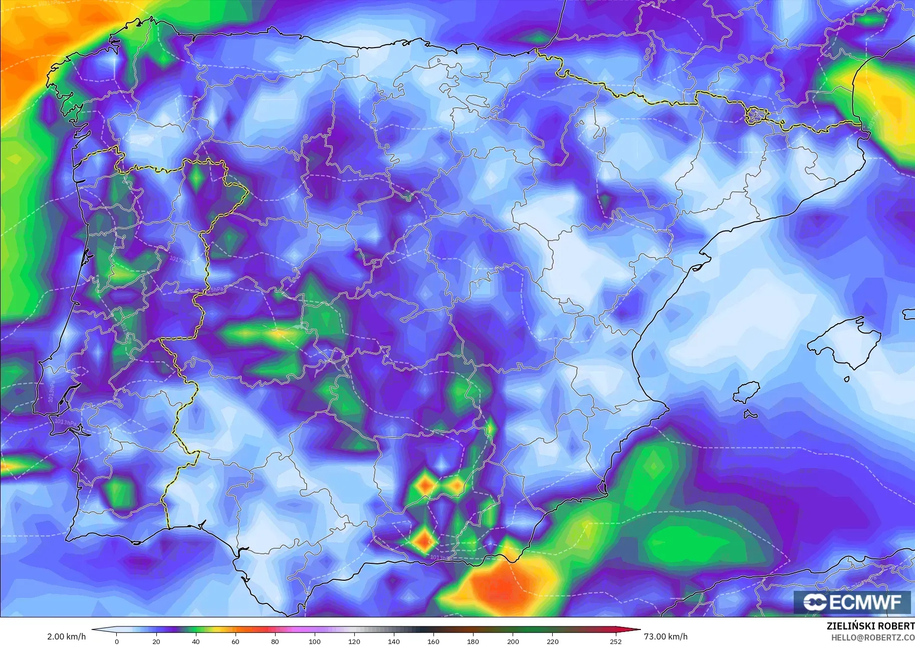 ECMWF IFS 0.25° modelo - España, Ráfagas de Viento Máximas