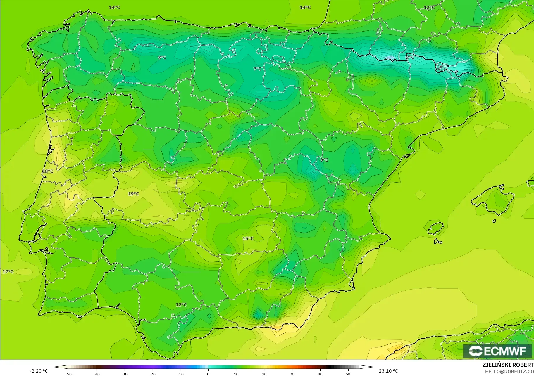 ECMWF IFS 0.25° modelo - España, Temperatura a 2 m