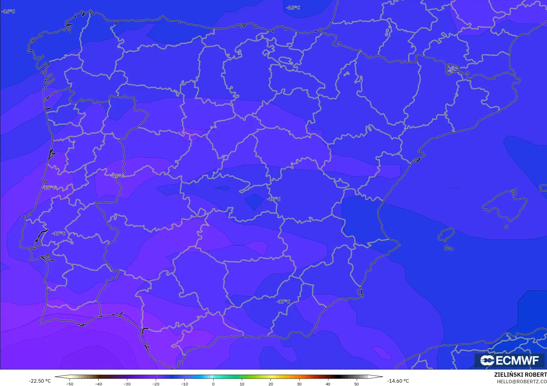 ECMWF IFS 0.25° modelo - España, Temperatura a 500 hPa