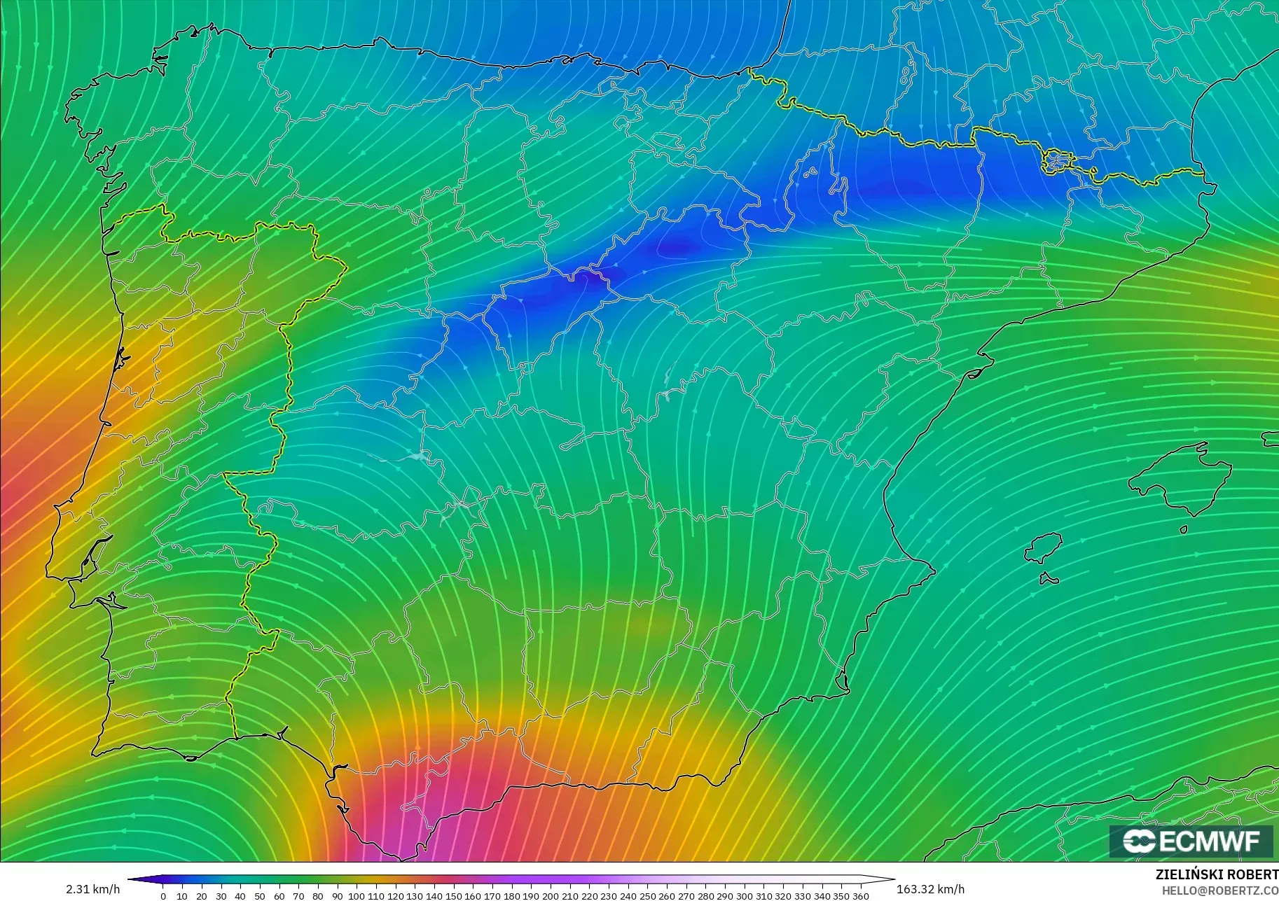 ECMWF IFS 0.25° modelo - España, Viento a 300 hPa (corriente en chorro)