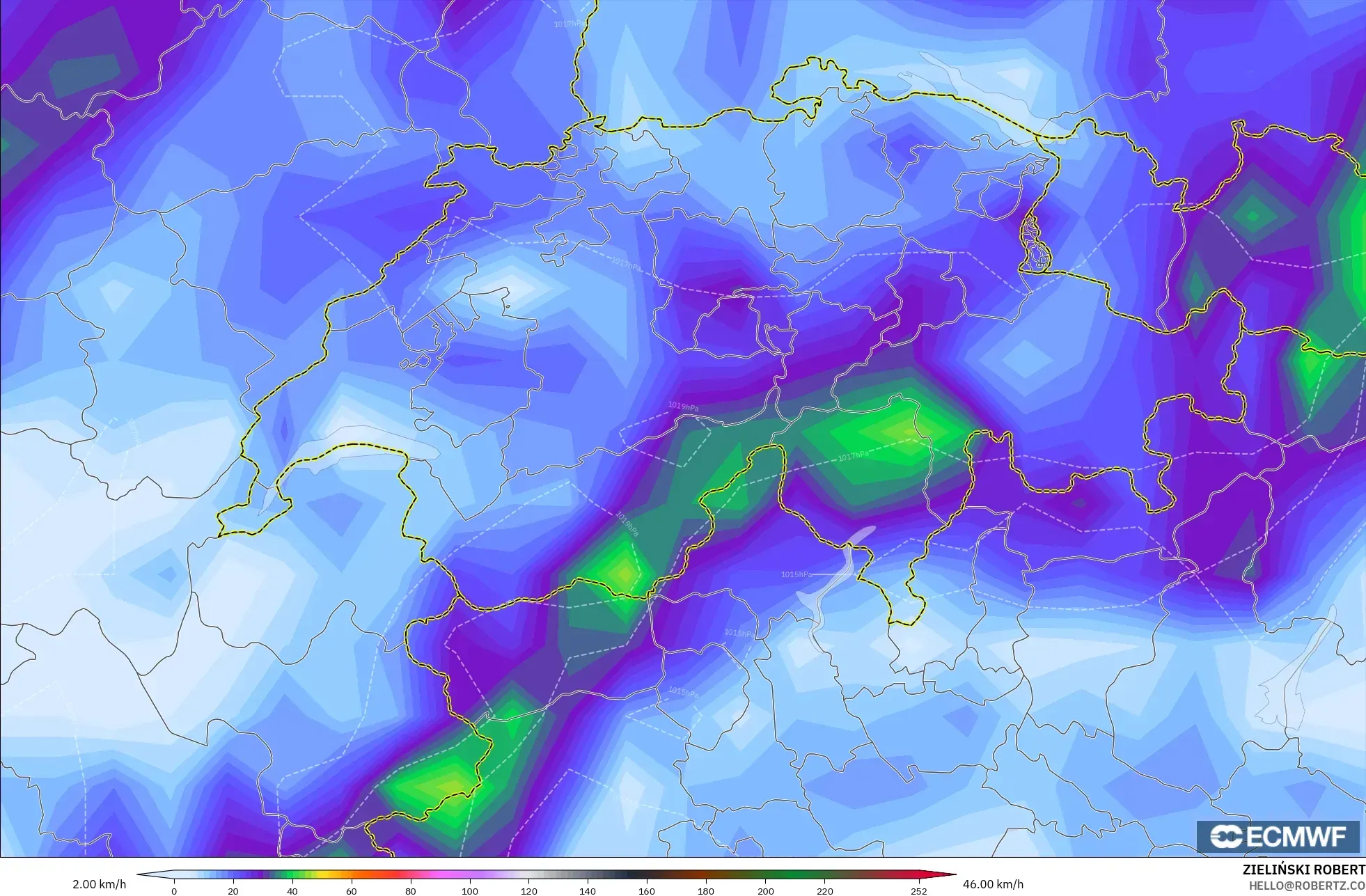 ECMWF IFS 0.25° modelo - Suiza, Ráfagas de Viento Máximas