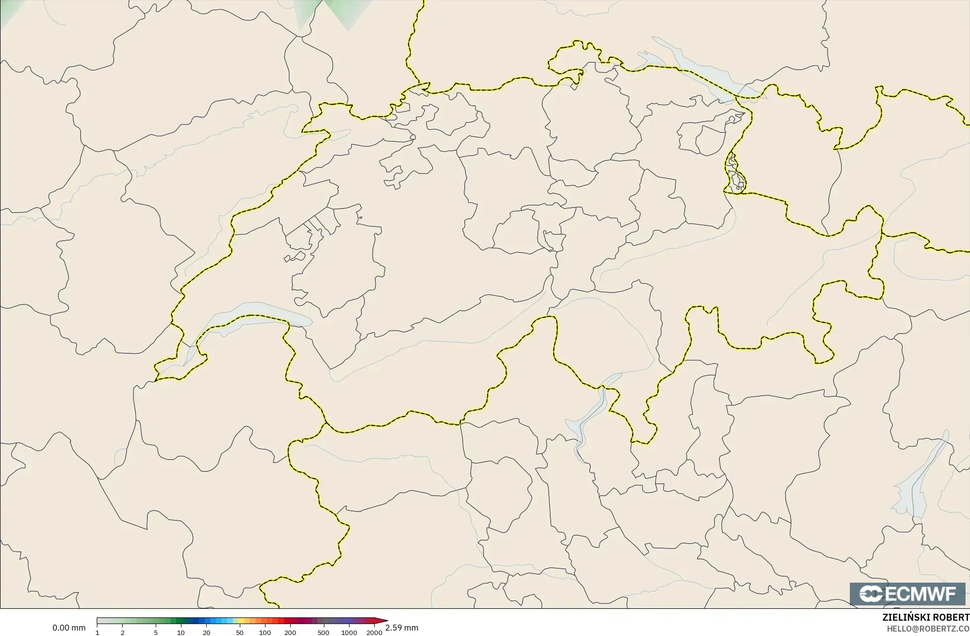 ECMWF IFS 0.25° modelo - Suiza, Acumulación de precipitación
