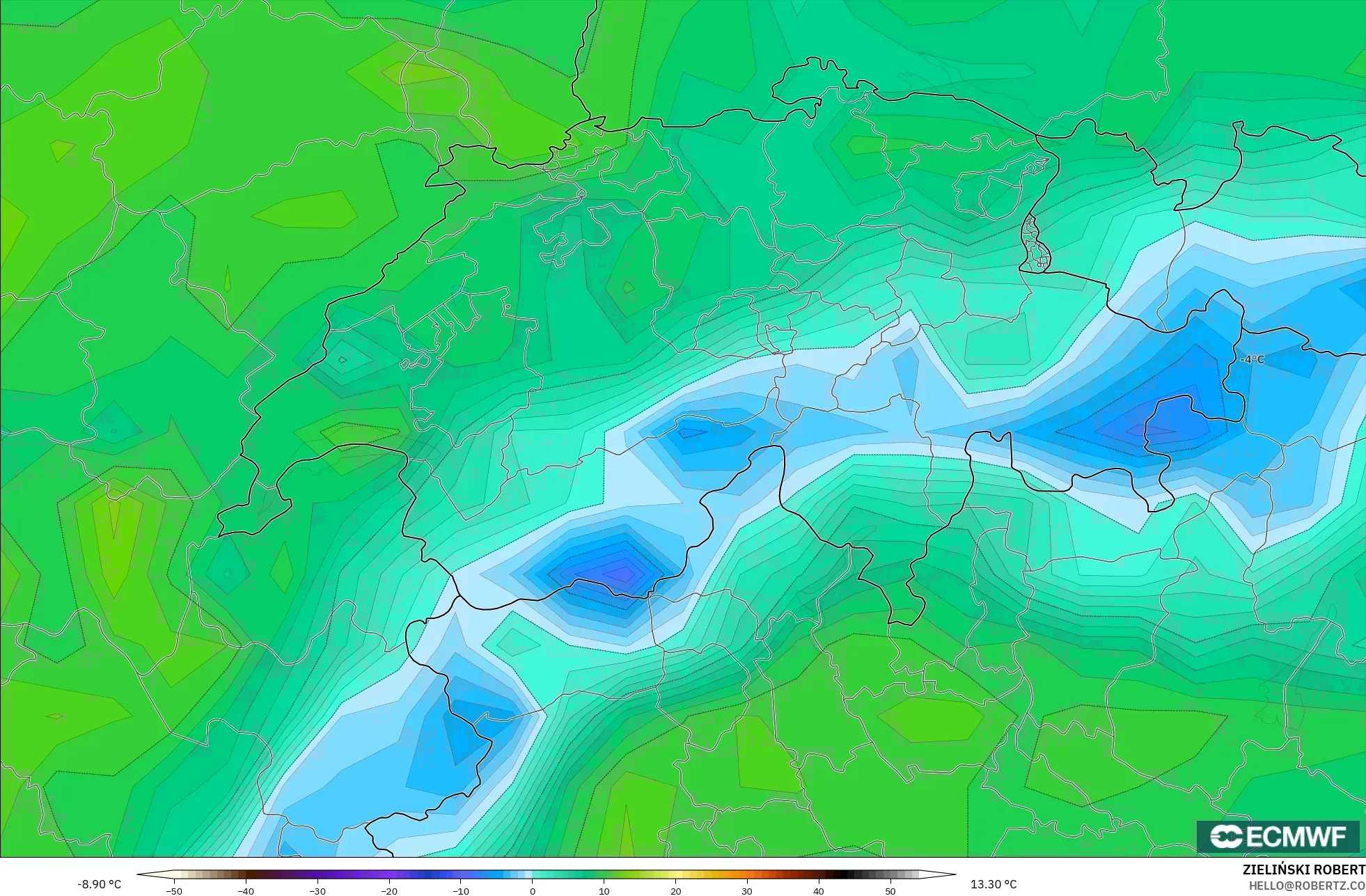 ECMWF IFS 0.25° modelo - Suiza, Temperatura a 2 m