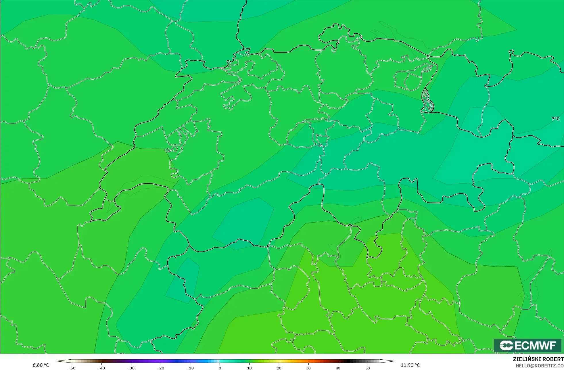 ECMWF IFS 0.25° modelo - Suiza, Temperatura a 850 hPa