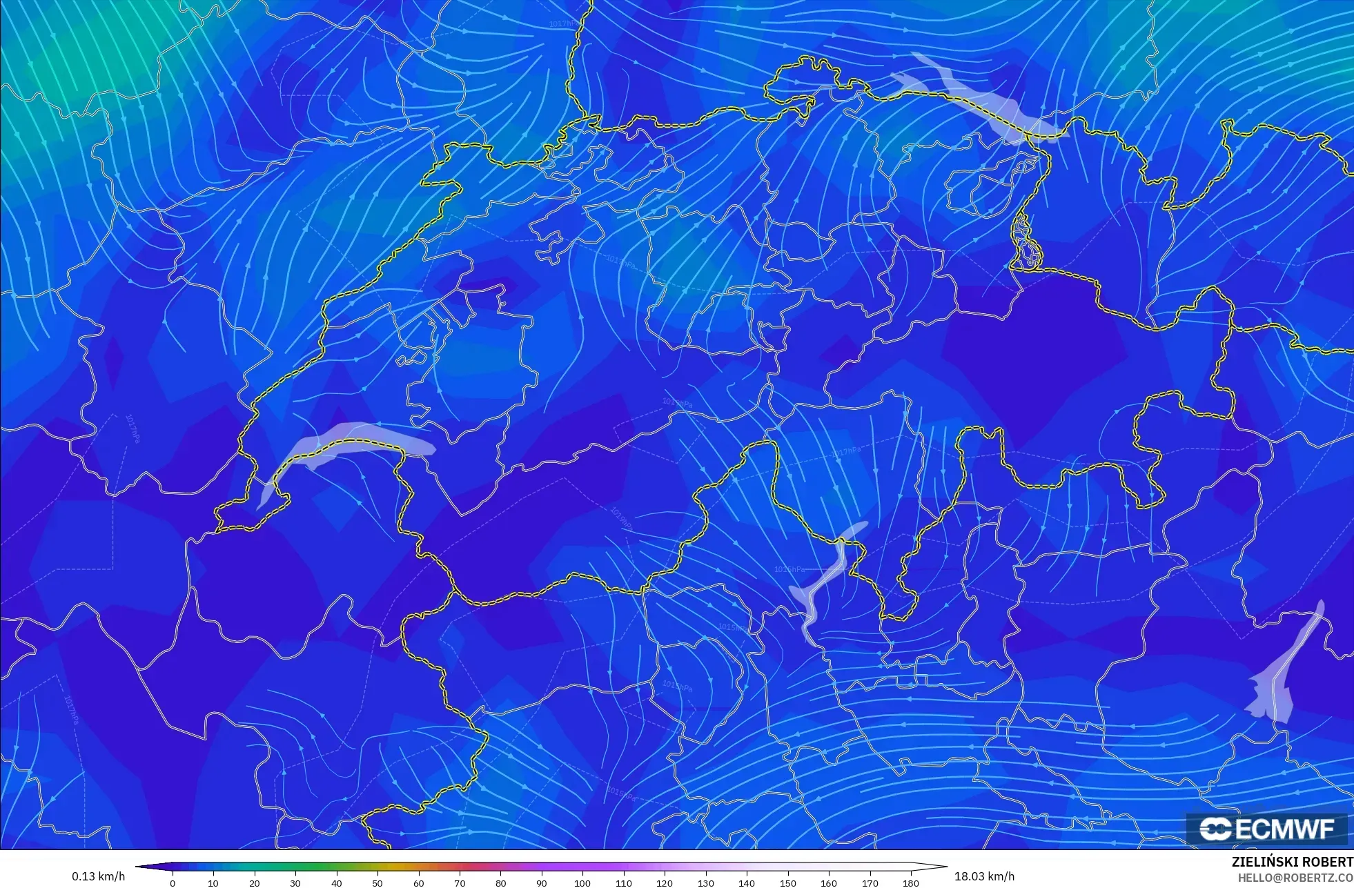 ECMWF IFS 0.25° modelo - Suiza, Viento a 10 m