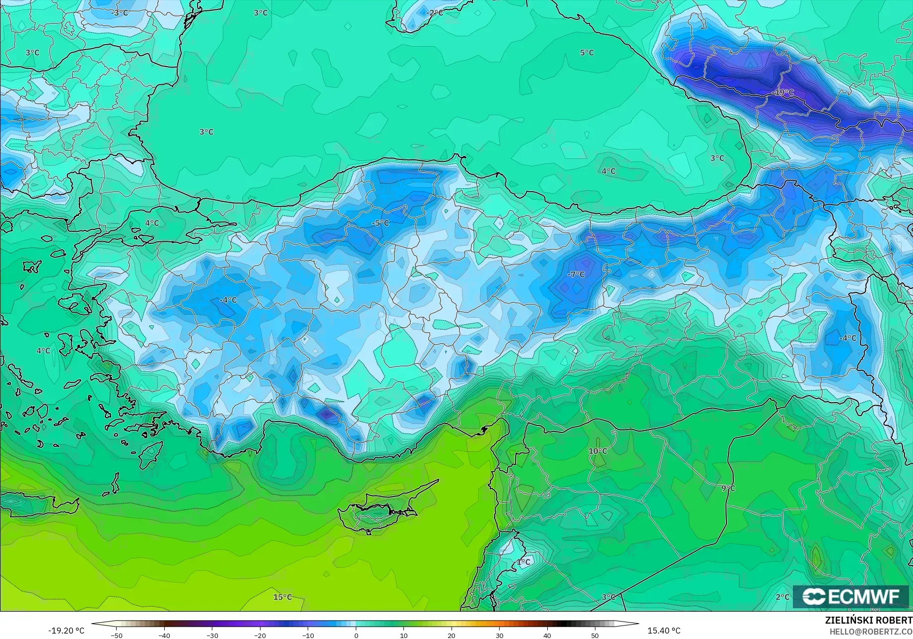 ECMWF IFS 0.25° modelo - Turquía, Punto de rocío a 2 m