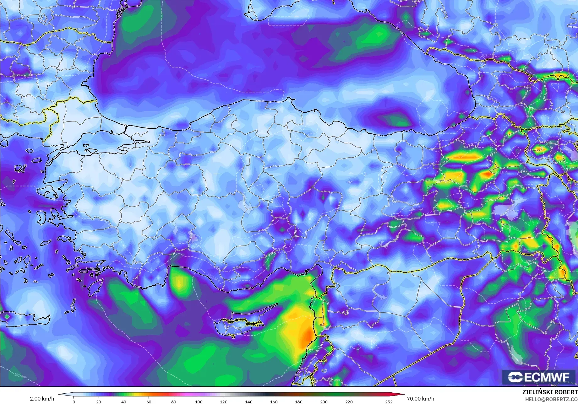 ECMWF IFS 0.25° modelo - Turquía, Ráfagas de Viento Máximas