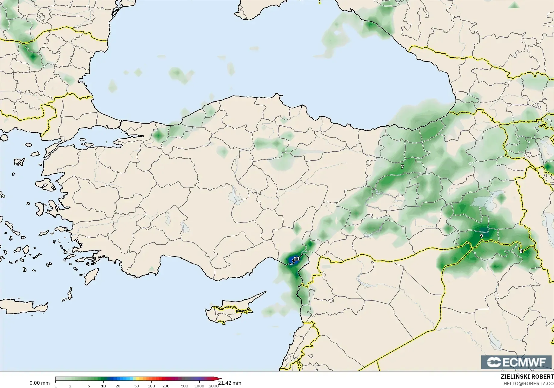ECMWF IFS 0.25° modelo - Turquía, Acumulación de precipitación