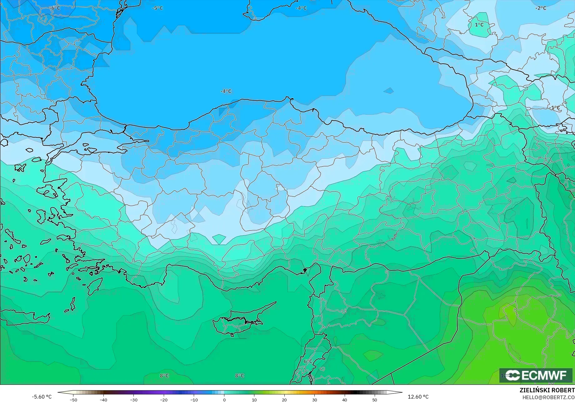 ECMWF IFS 0.25° modelo - Turquía, Temperatura a 850 hPa
