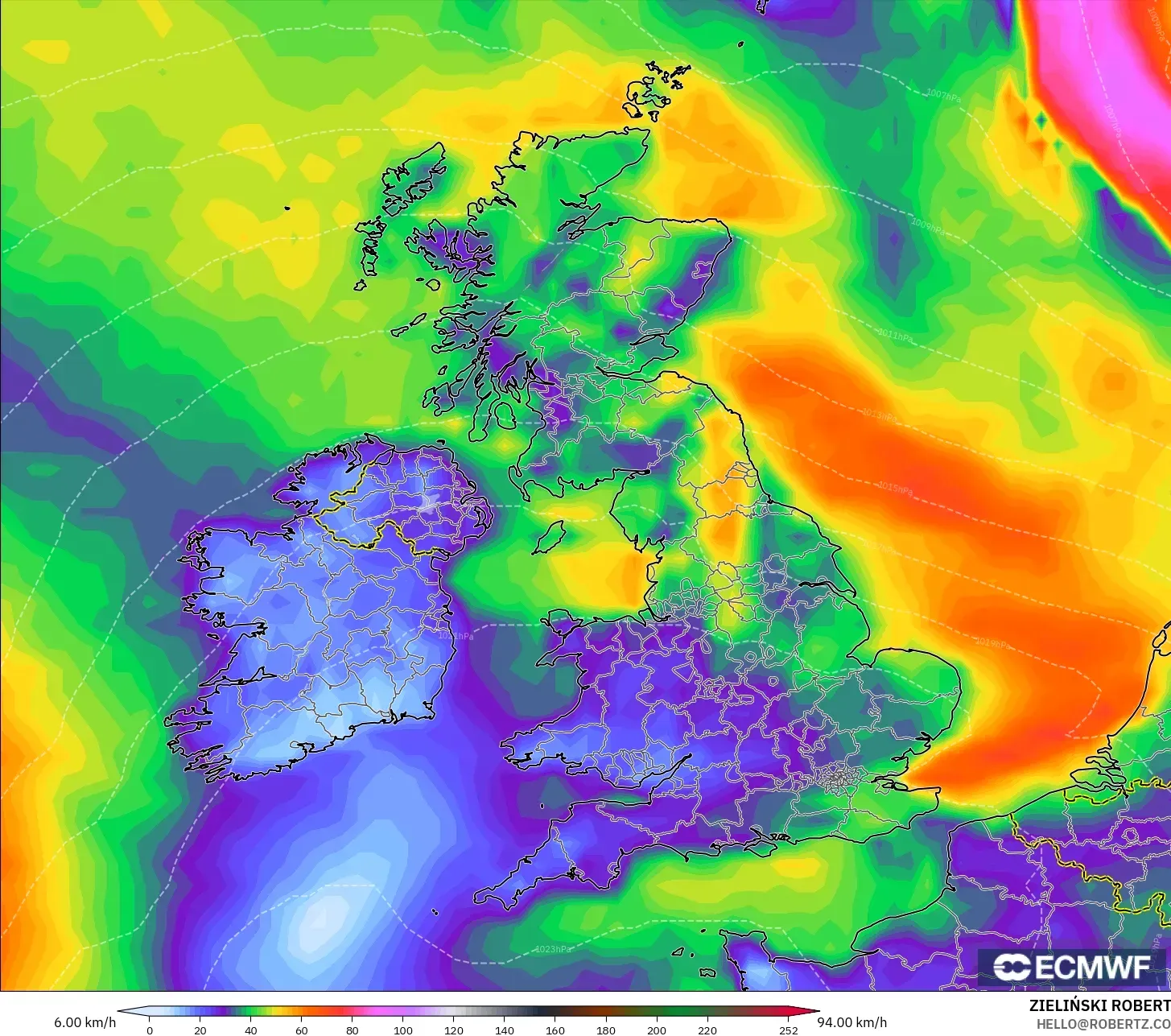 ECMWF IFS 0.25° modelo - Reino Unido, Ráfagas de viento