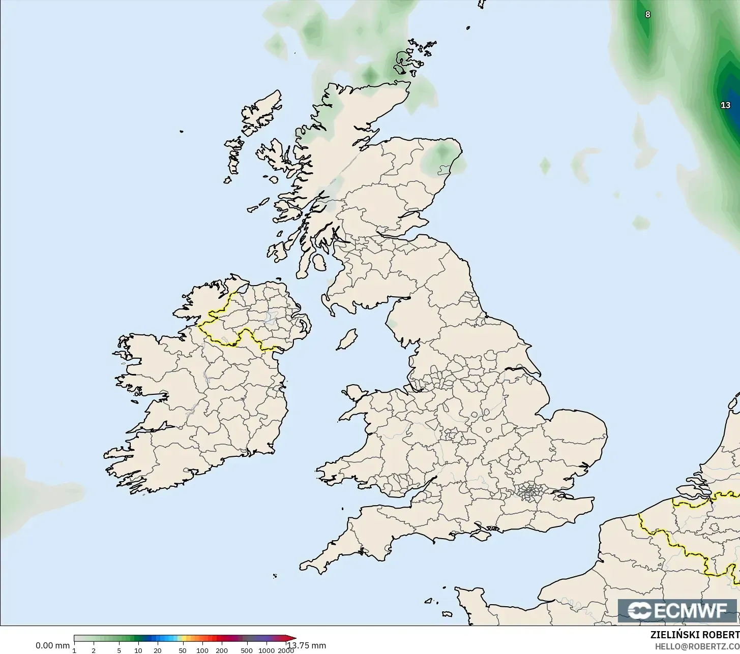 ECMWF IFS 0.25° modelo - Reino Unido, Acumulación de precipitación