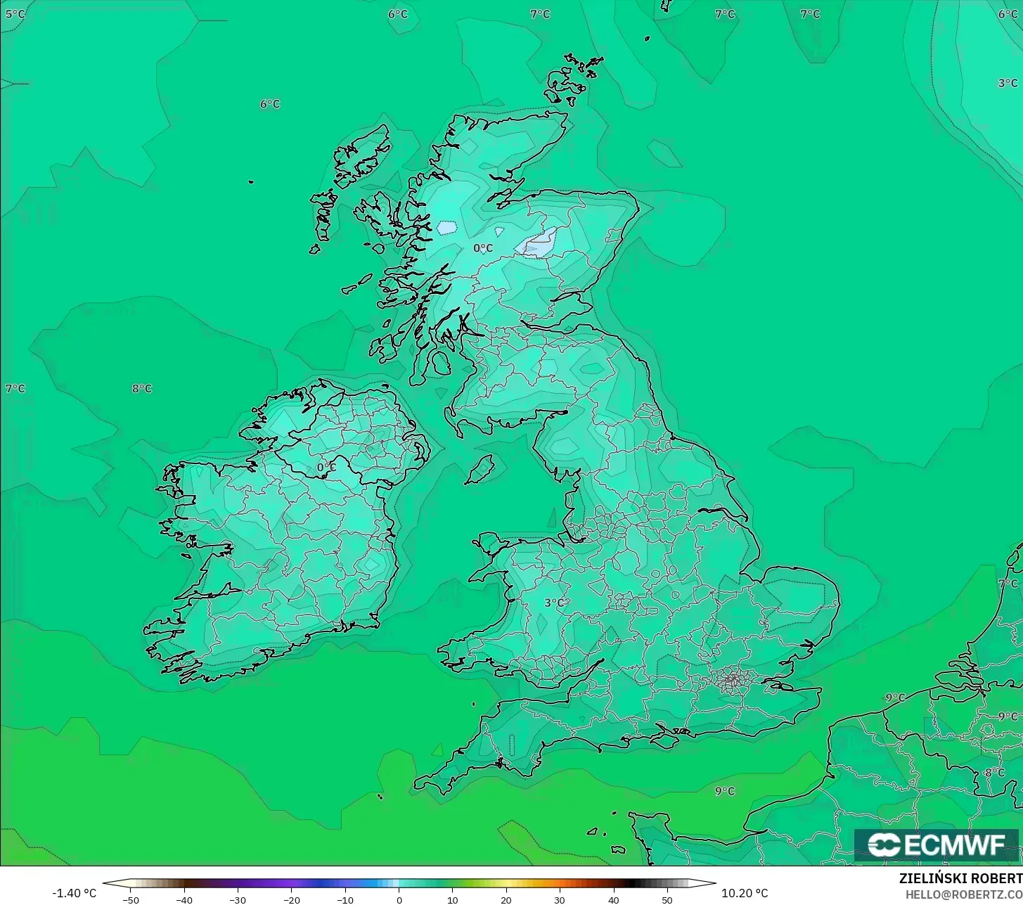 ECMWF IFS 0.25° modelo - Reino Unido, Temperatura a 2 m