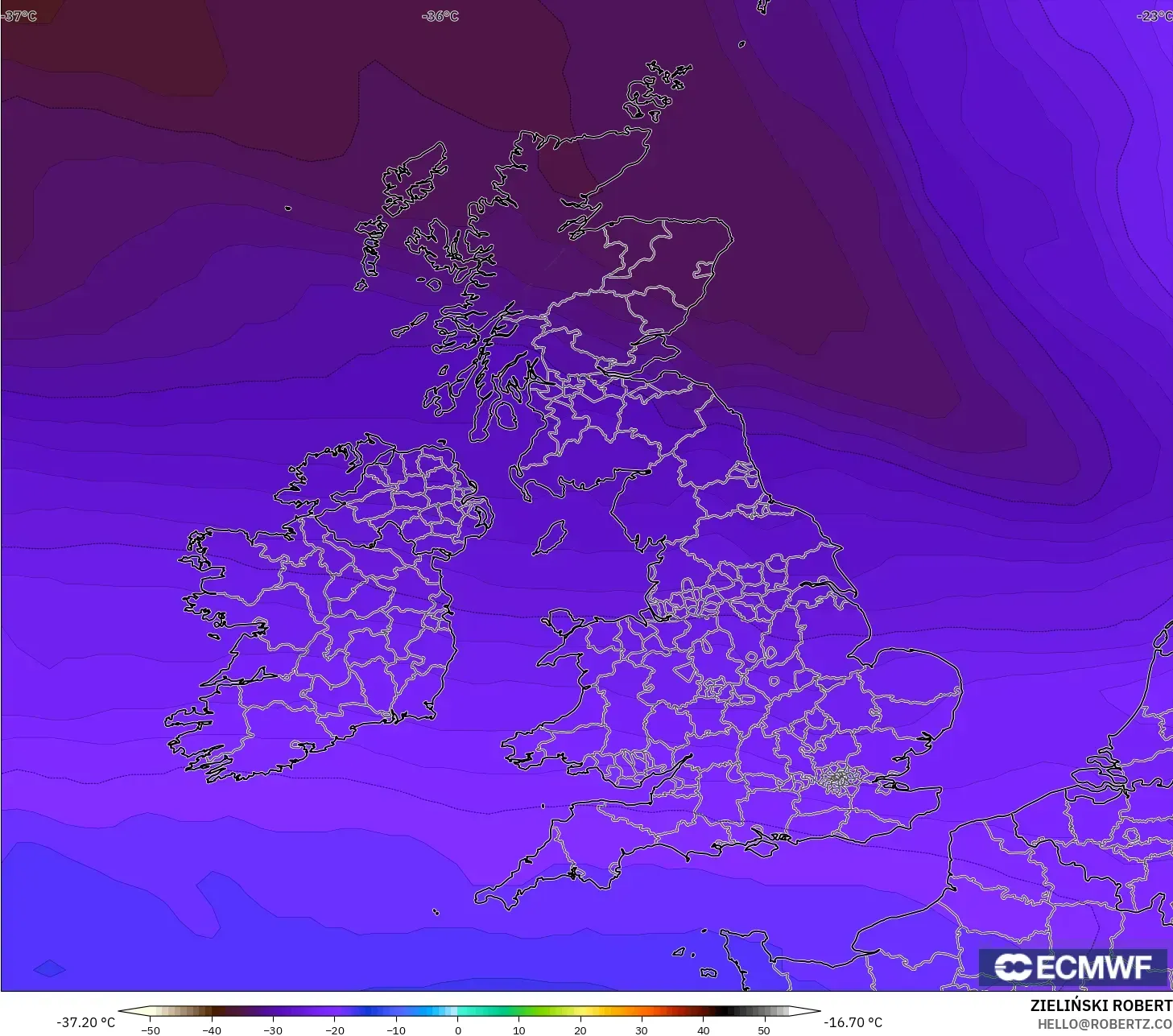 ECMWF IFS 0.25° modelo - Reino Unido, Temperatura a 500 hPa