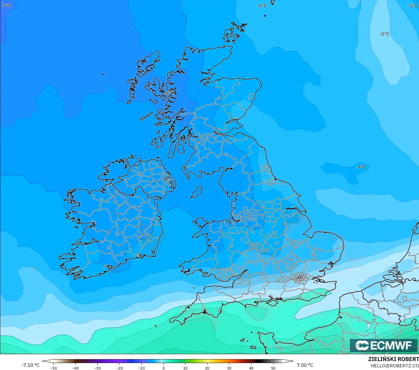 ECMWF IFS 0.25° modelo - Reino Unido, Temperatura a 850 hPa