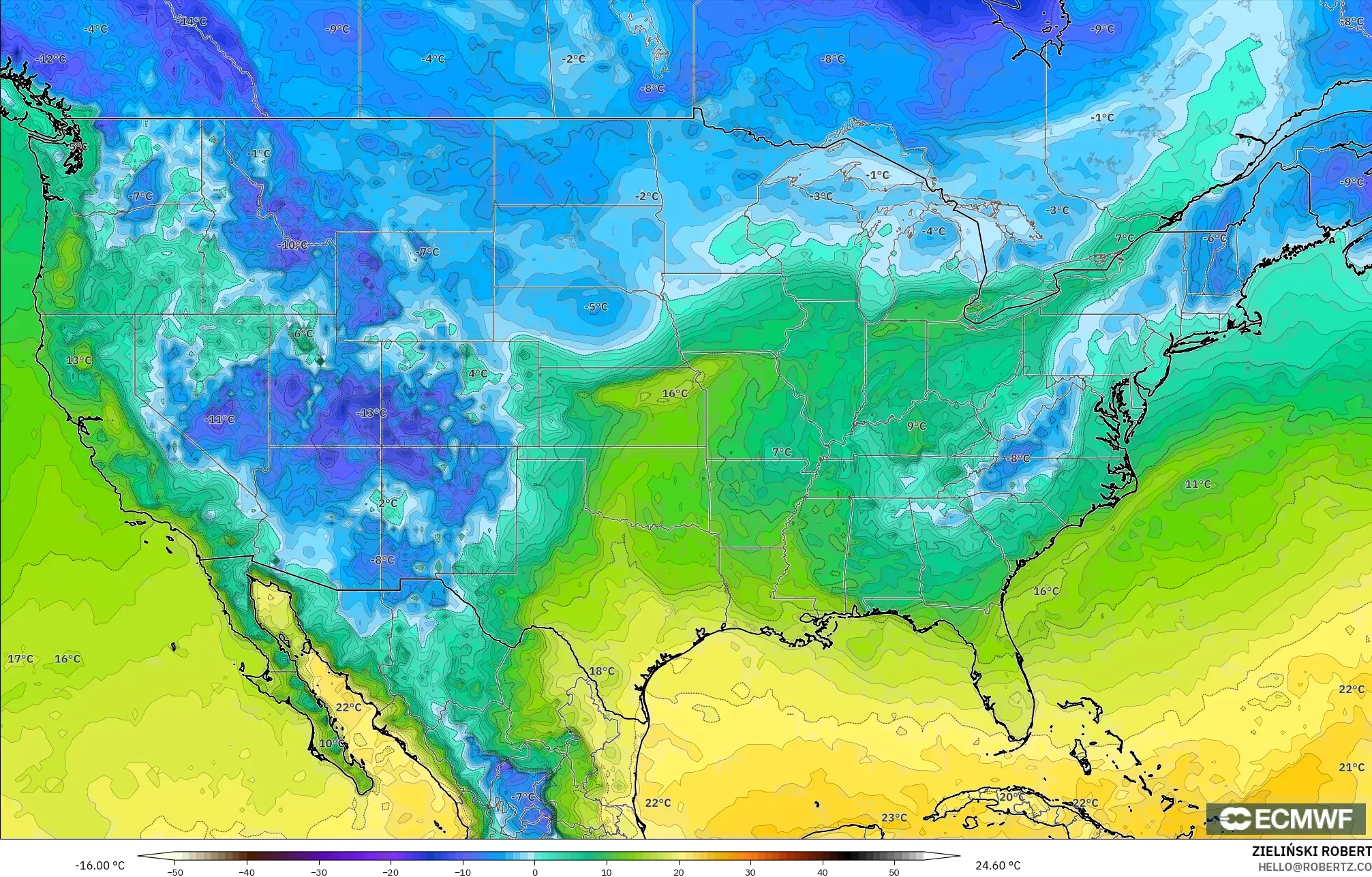 ECMWF IFS 0.25° modelo - Estados Unidos, Punto de rocío a 2 m