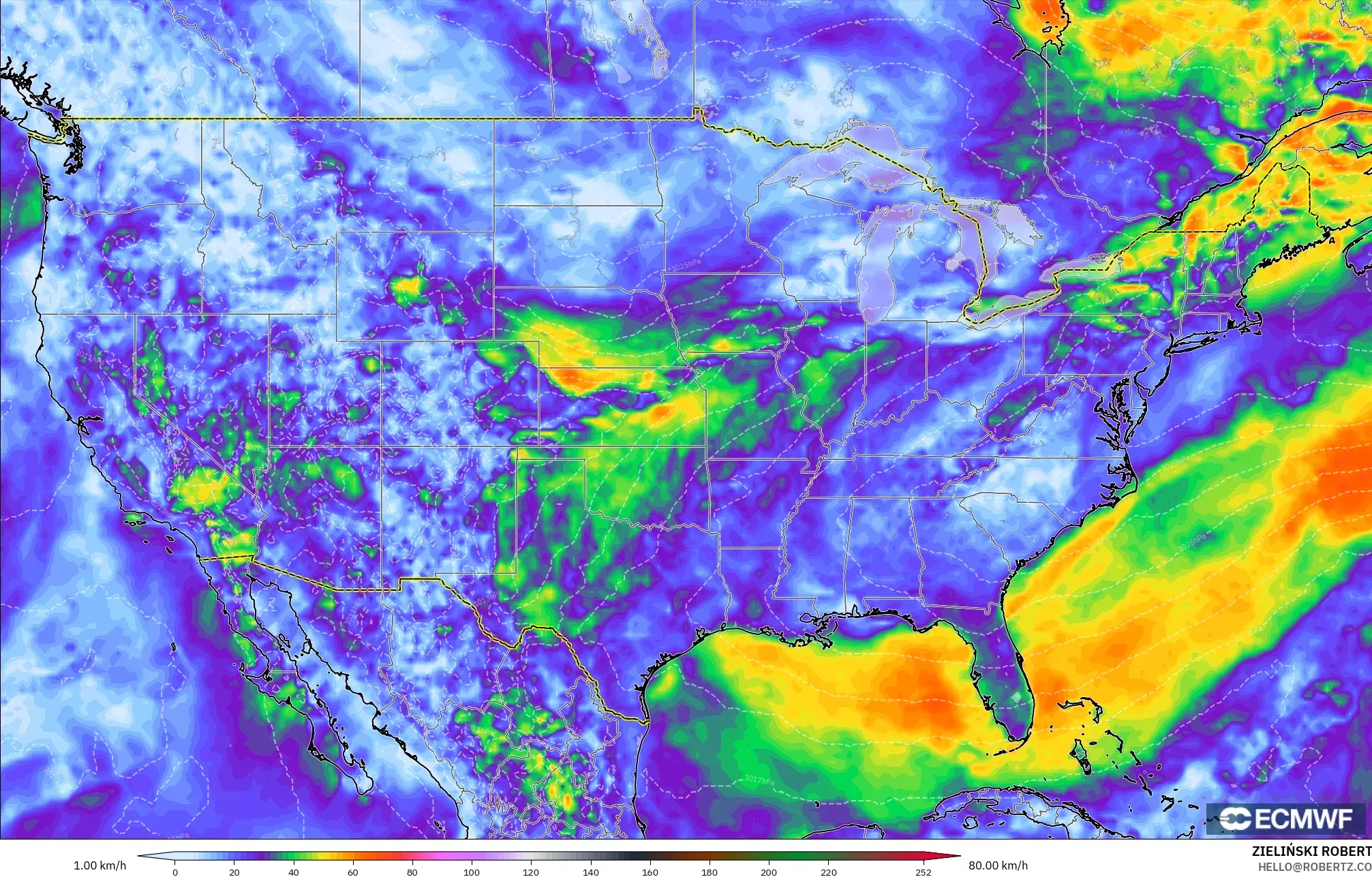 ECMWF IFS 0.25° modelo - Estados Unidos, Ráfagas de viento