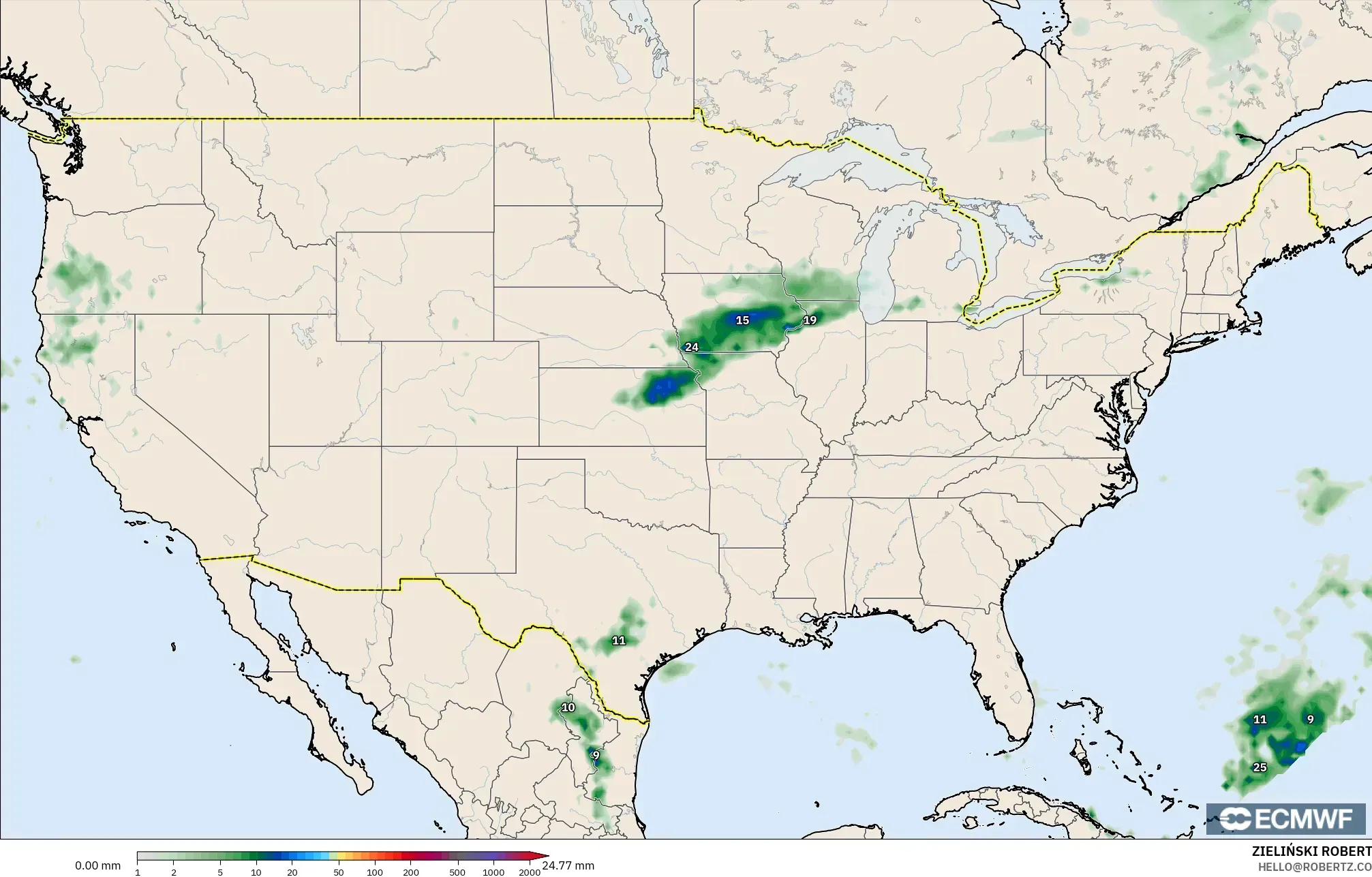 ECMWF IFS 0.25° modelo - Estados Unidos, Acumulación de precipitación