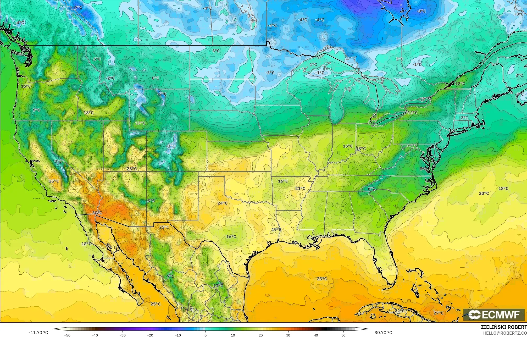 ECMWF IFS 0.25° modelo - Estados Unidos, Temperatura a 2 m