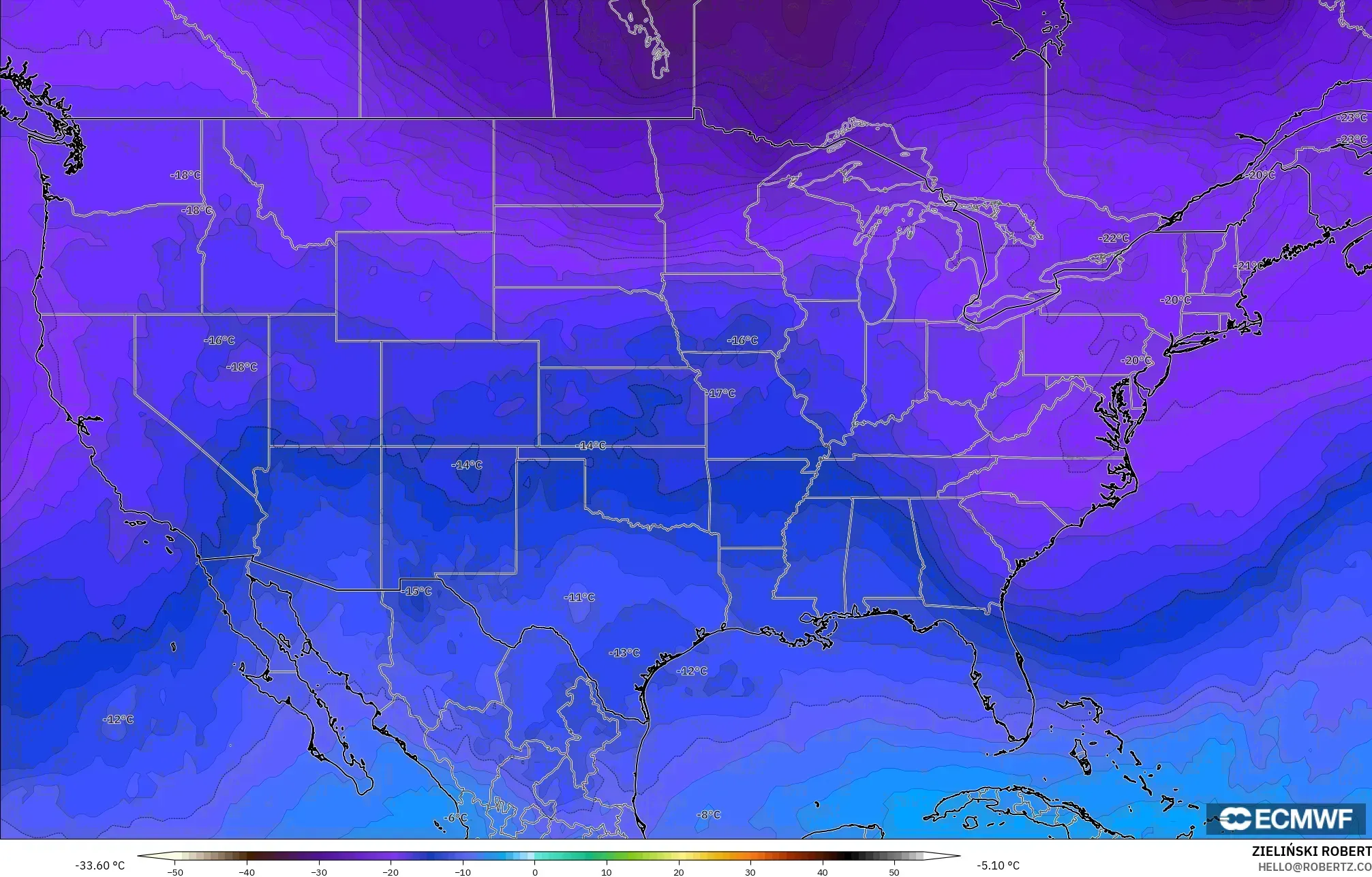 ECMWF IFS 0.25° modelo - Estados Unidos, Temperatura a 500 hPa