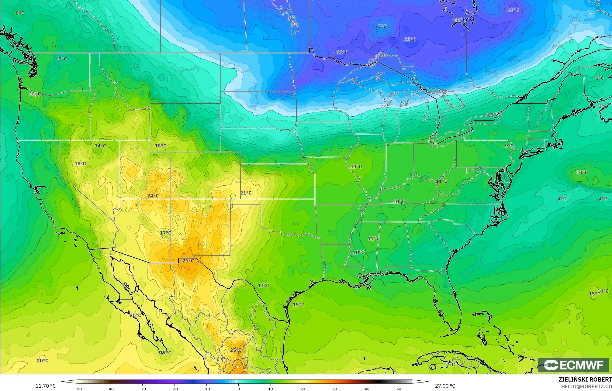 ECMWF IFS 0.25° modelo - Estados Unidos, Temperatura a 850 hPa