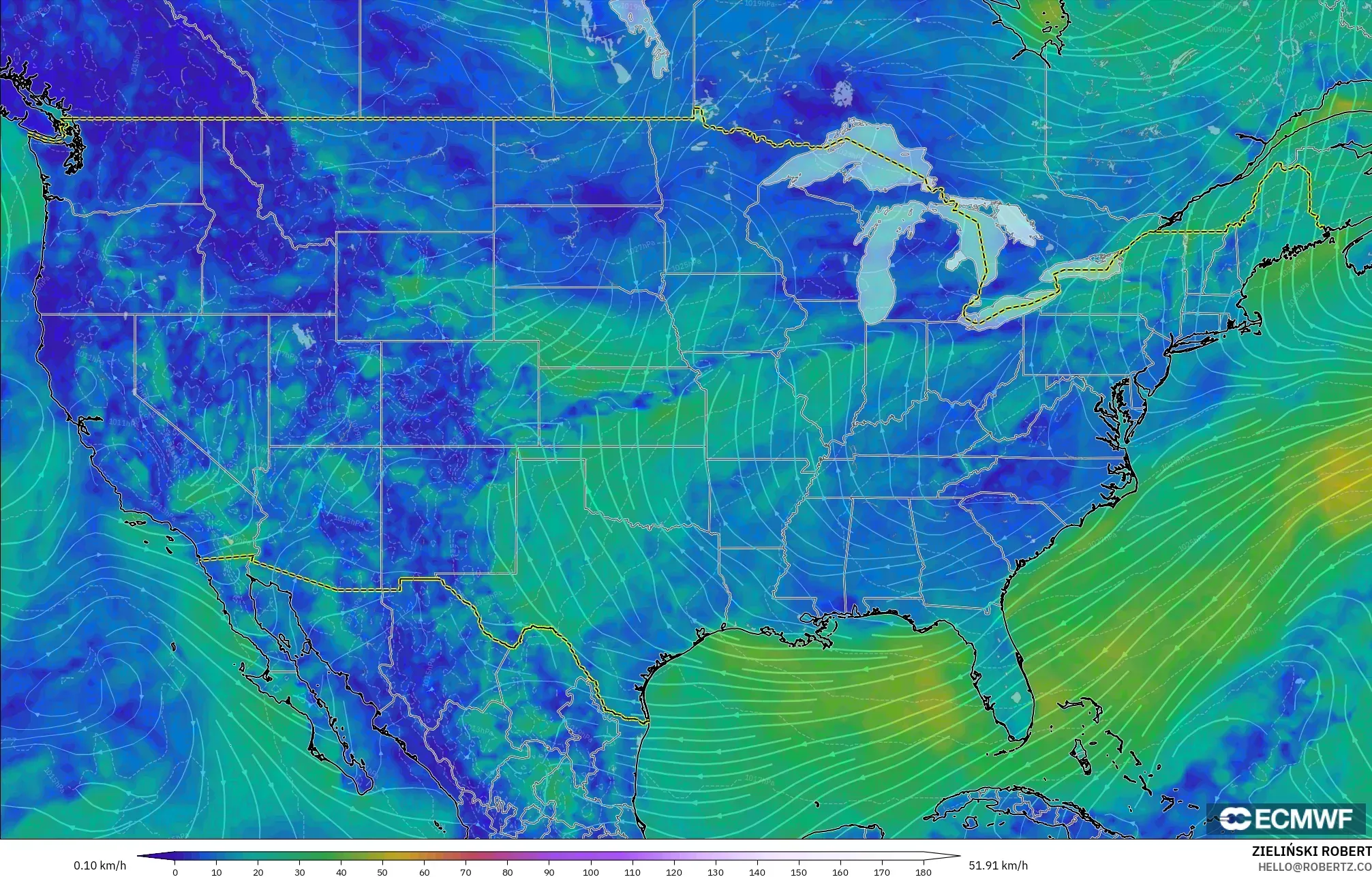 ECMWF IFS 0.25° modelo - Estados Unidos, Viento a 10 m