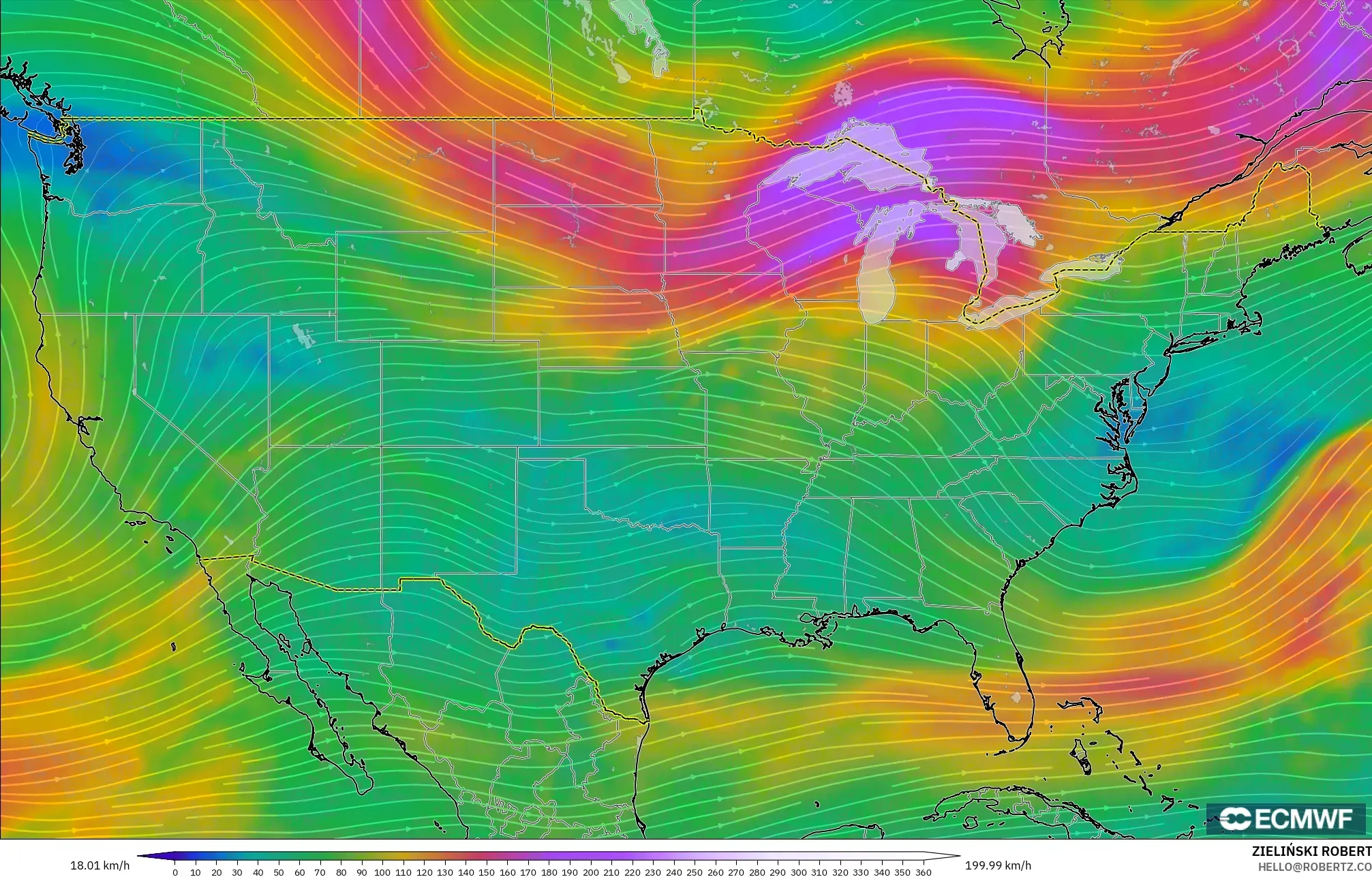 ECMWF IFS 0.25° modelo - Estados Unidos, Viento a 300 hPa (corriente en chorro)