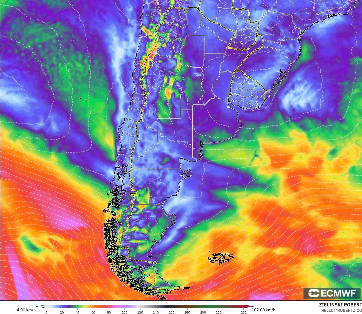 ECMWF IFS 0.25° modelo - Argentina, Ráfagas de Viento Máximas