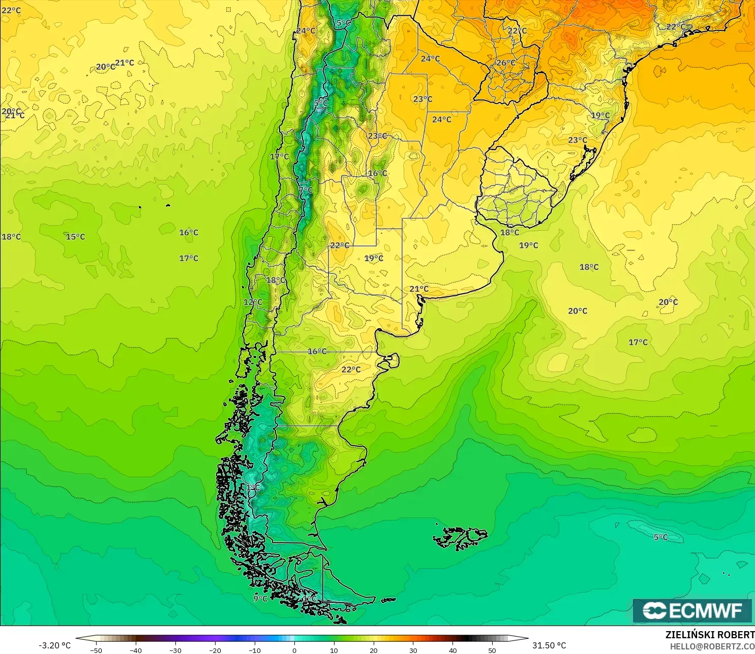 ECMWF IFS 0.25° modelo - Argentina, Temperatura a 2 m