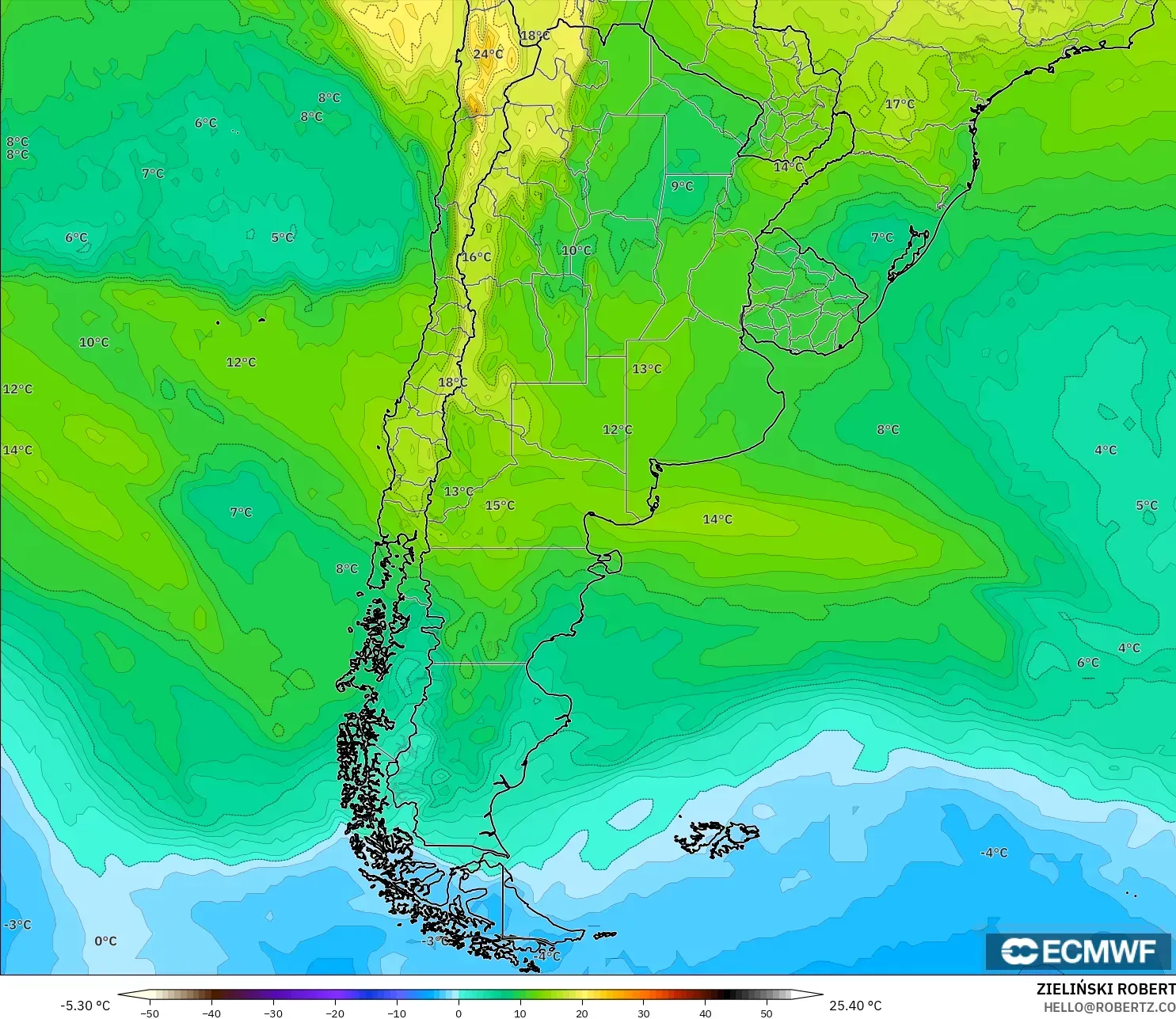 ECMWF IFS 0.25° modelo - Argentina, Temperatura a 850 hPa
