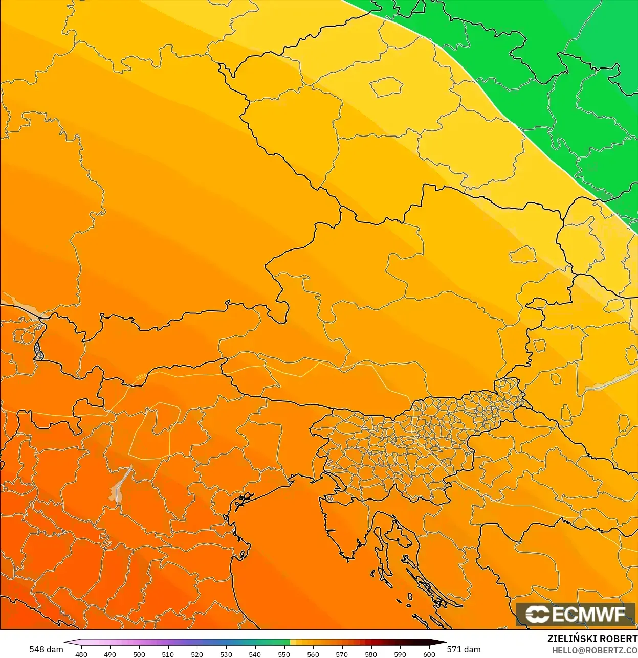 ECMWF IFS 0.25° modelo - Austria, Altura geopotencial a 500 hPa