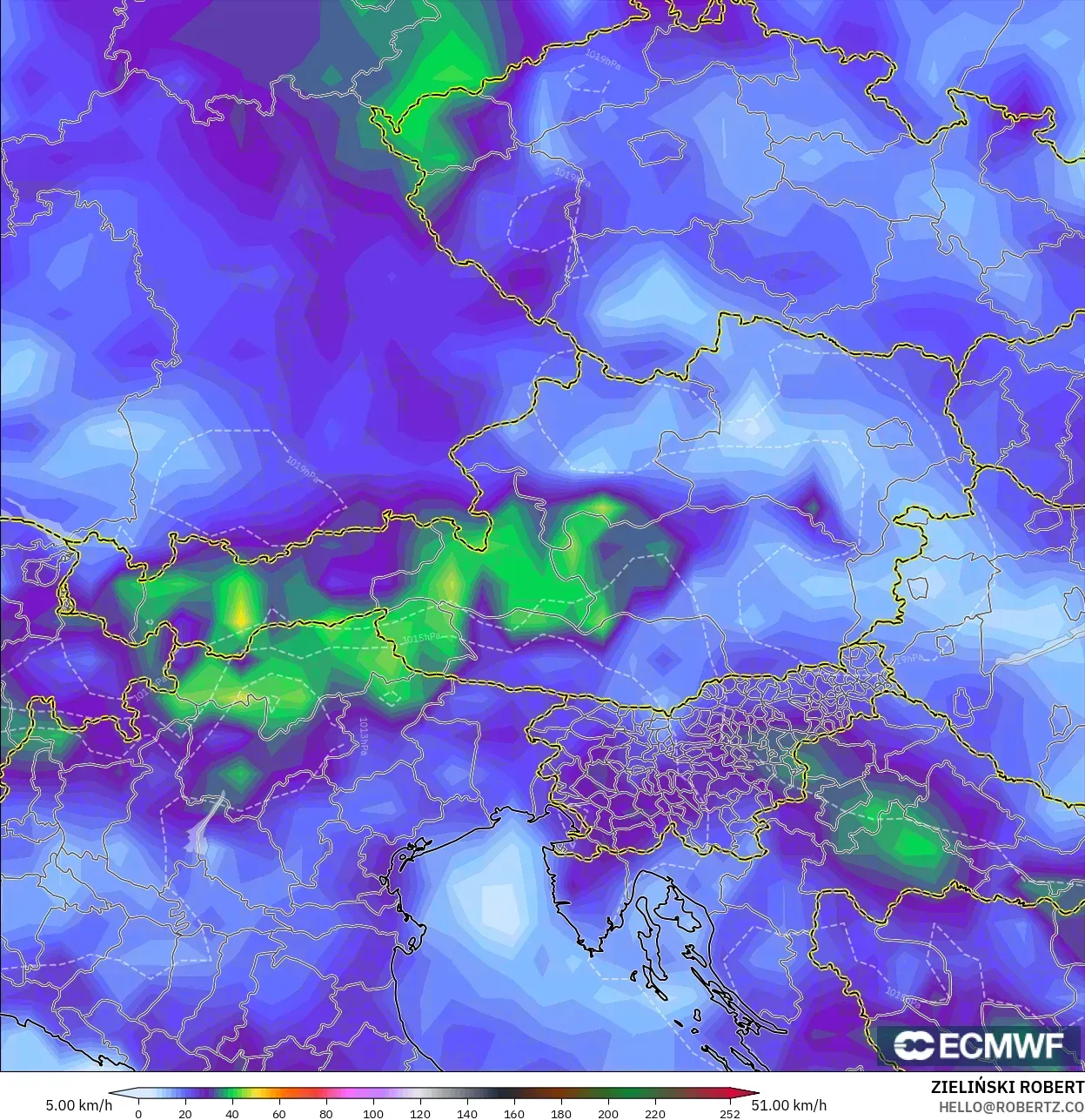 ECMWF IFS 0.25° modelo - Austria, Ráfagas de viento