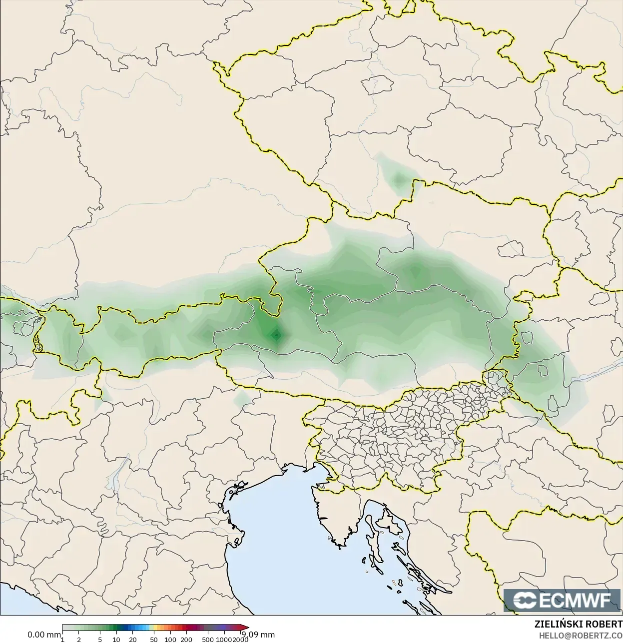 ECMWF IFS 0.25° modelo - Austria, Acumulación de precipitación