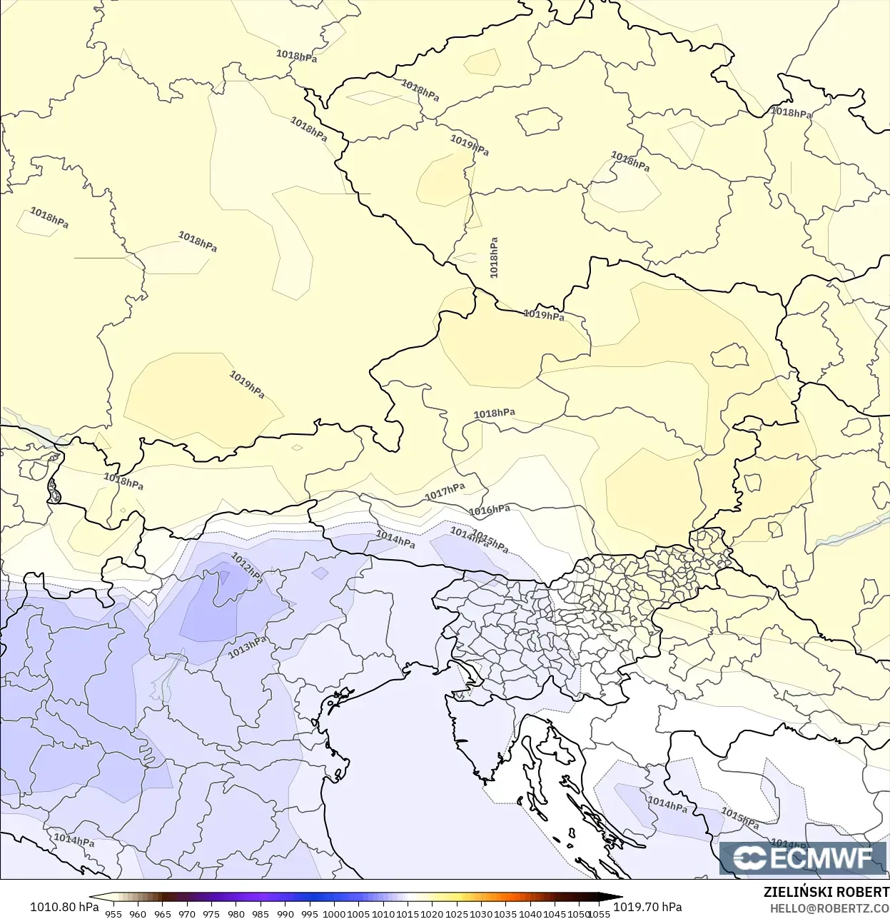 ECMWF IFS 0.25° modelo - Austria, Presión