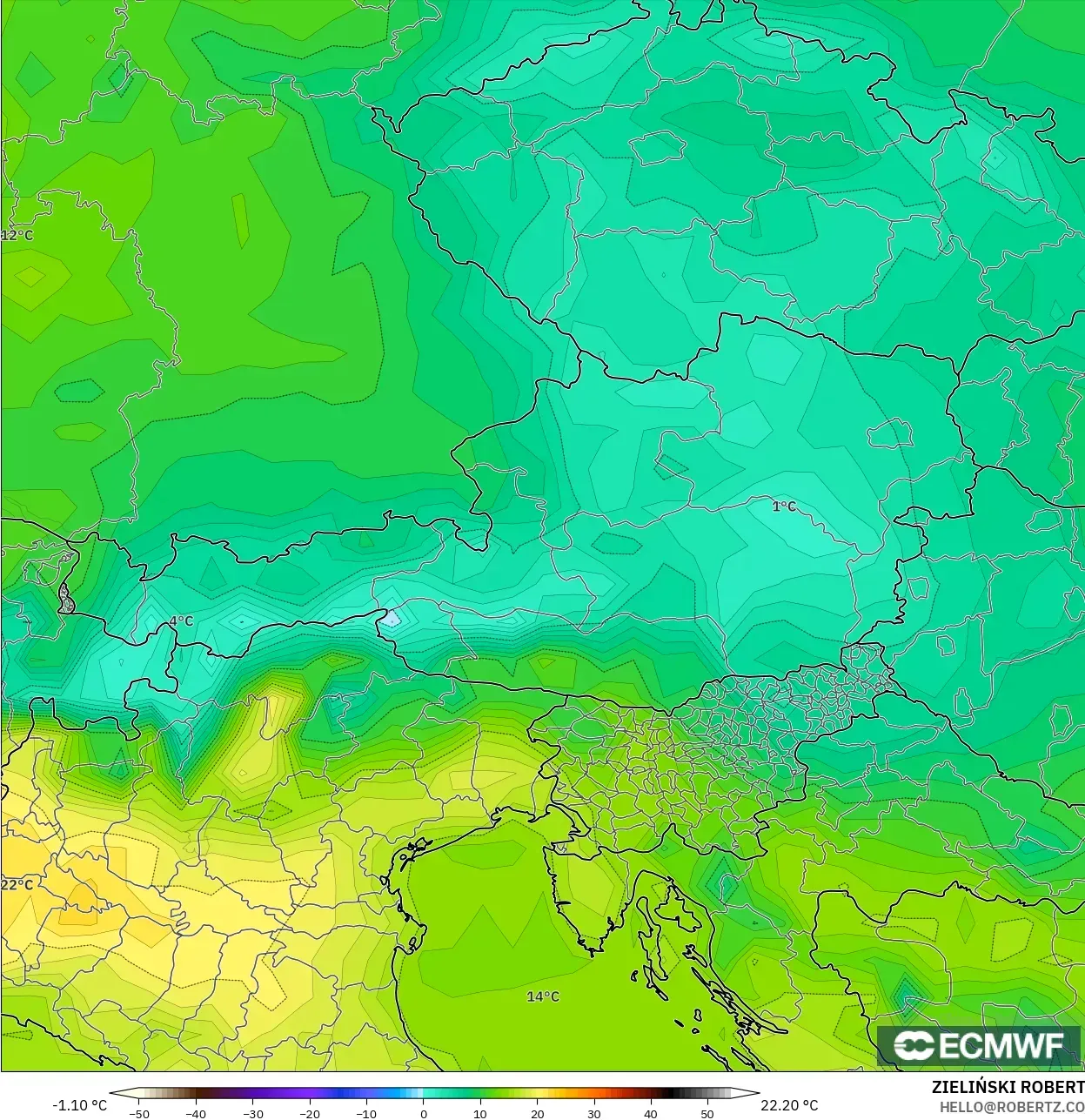 ECMWF IFS 0.25° modelo - Austria, Temperatura a 2 m