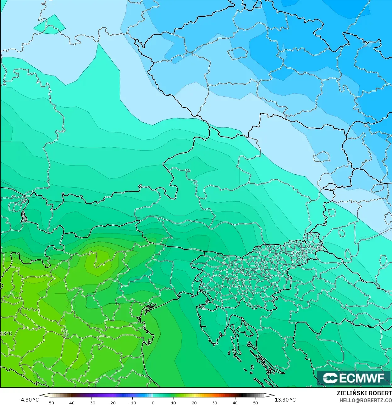 ECMWF IFS 0.25° modelo - Austria, Temperatura a 850 hPa