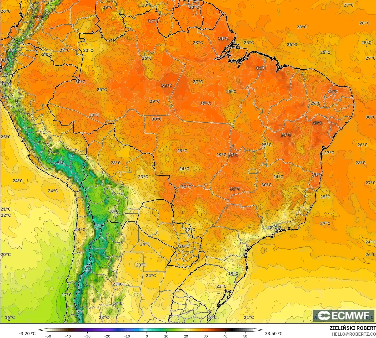 ECMWF IFS 0.25° modelo - Brasil, Temperatura a 2 m