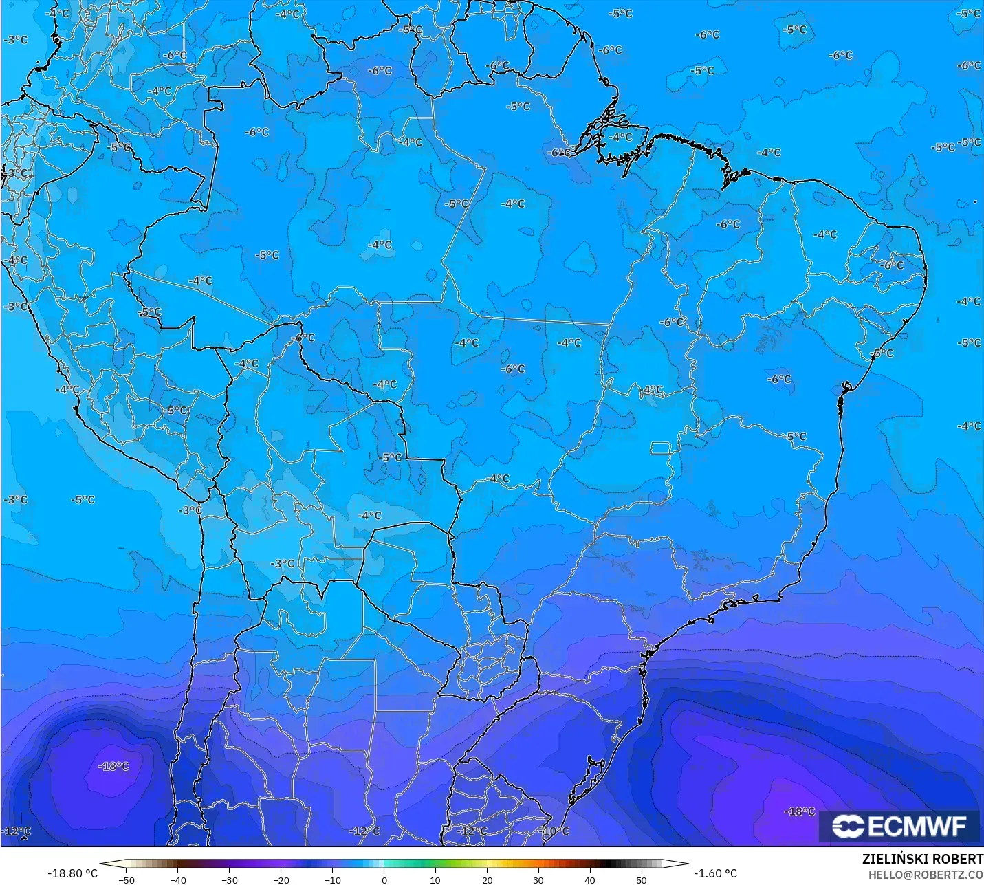 ECMWF IFS 0.25° modelo - Brasil, Temperatura a 500 hPa