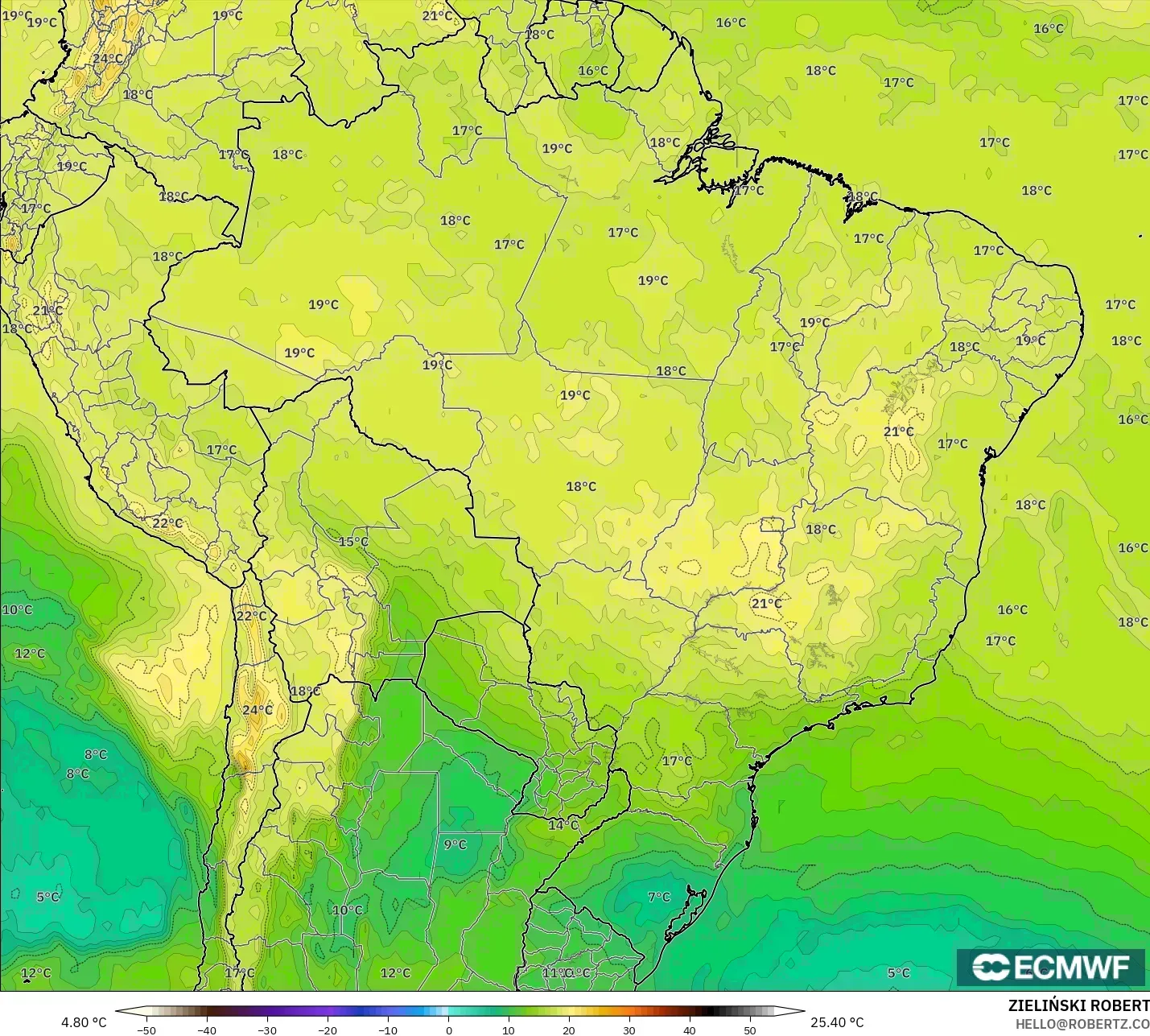 ECMWF IFS 0.25° modelo - Brasil, Temperatura a 850 hPa