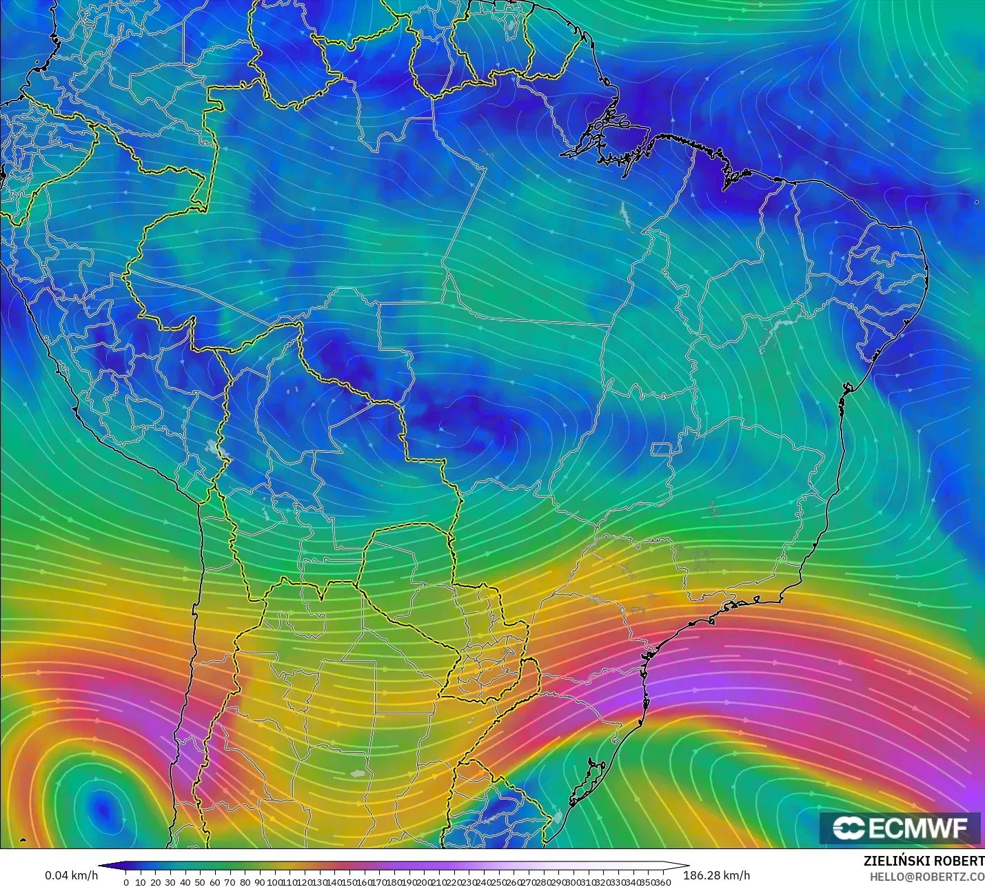 ECMWF IFS 0.25° modelo - Brasil, Viento a 300 hPa (corriente en chorro)