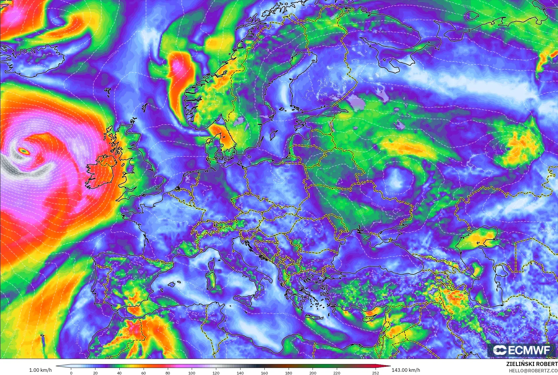 ECMWF IFS 0.25° modelo - Europa, Ráfagas de Viento Máximas