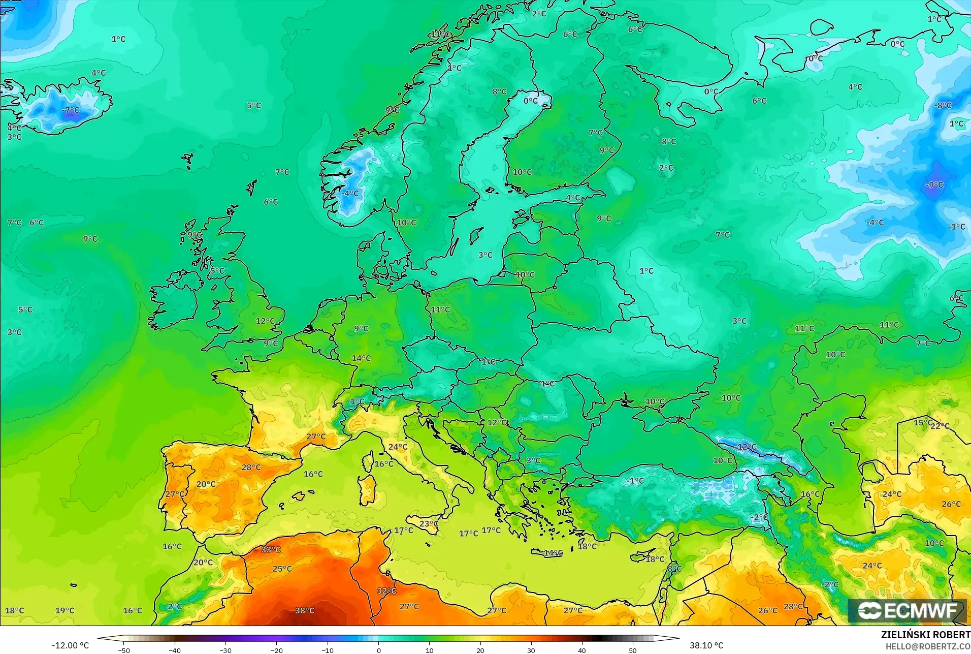 ECMWF IFS 0.25° modelo - Europa, Temperatura a 2 m