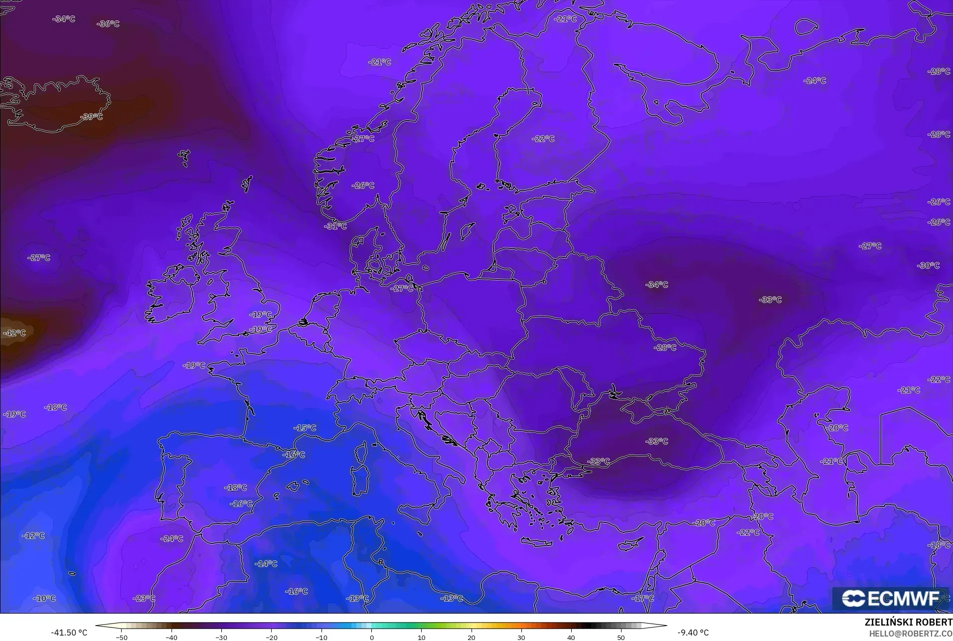 ECMWF IFS 0.25° modelo - Europa, Temperatura a 500 hPa