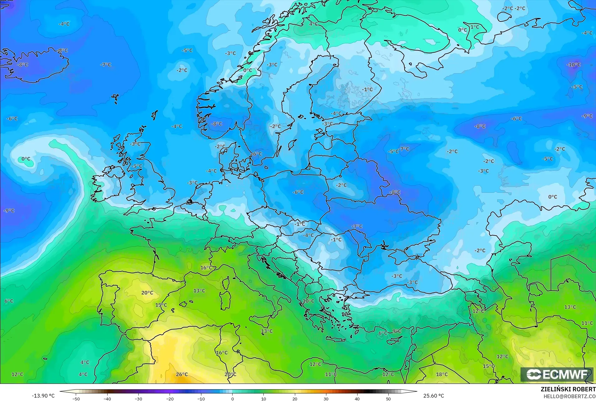 ECMWF IFS 0.25° modelo - Europa, Temperatura a 850 hPa
