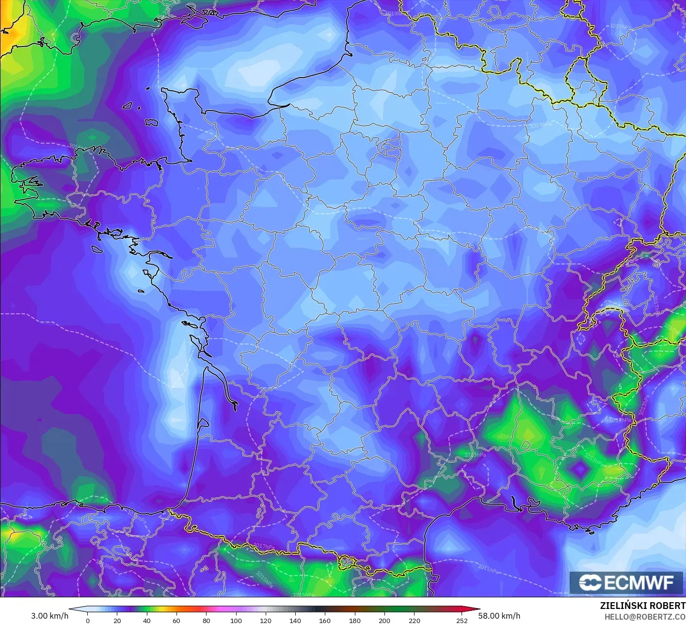 ECMWF IFS 0.25° modelo - Francia, Ráfagas de Viento Máximas