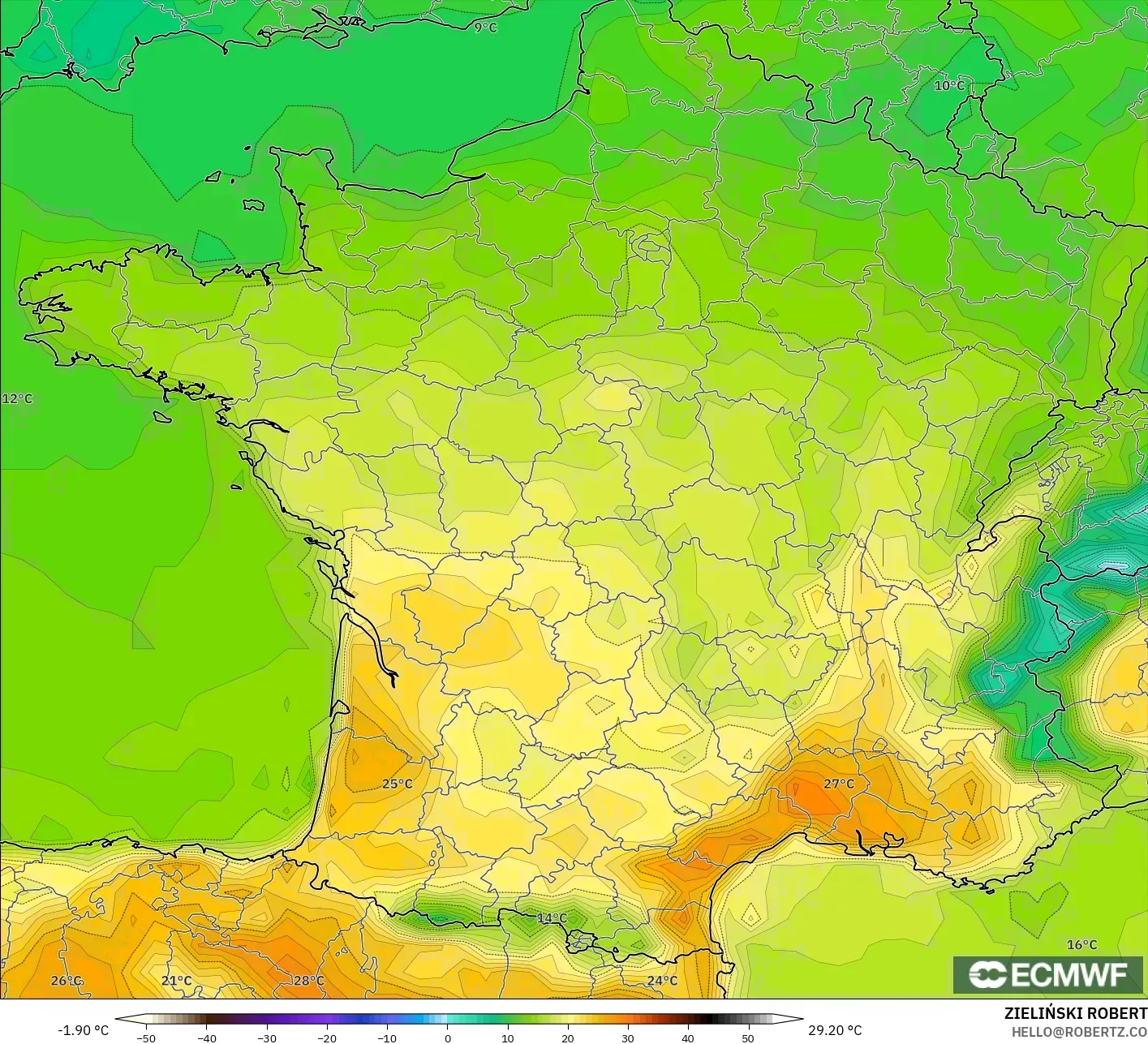 ECMWF IFS 0.25° modelo - Francia, Temperatura a 2 m